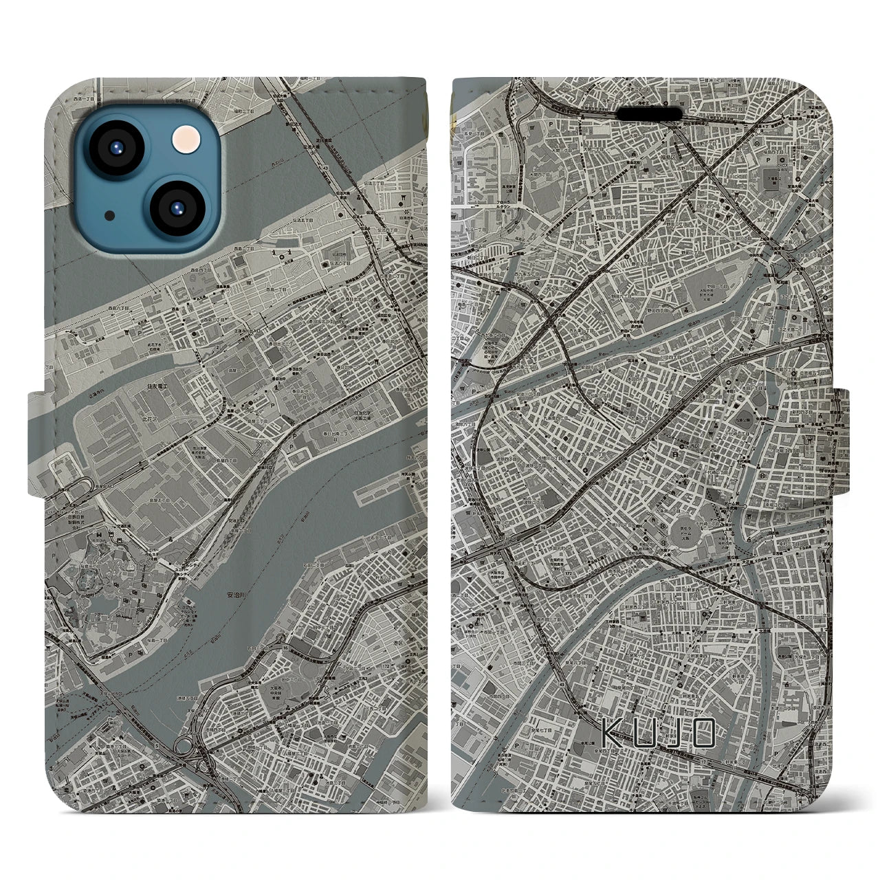 【九条(大阪府)】地図柄iPhoneケース(手帳タイプ)モノトーン・iPhone 13 用