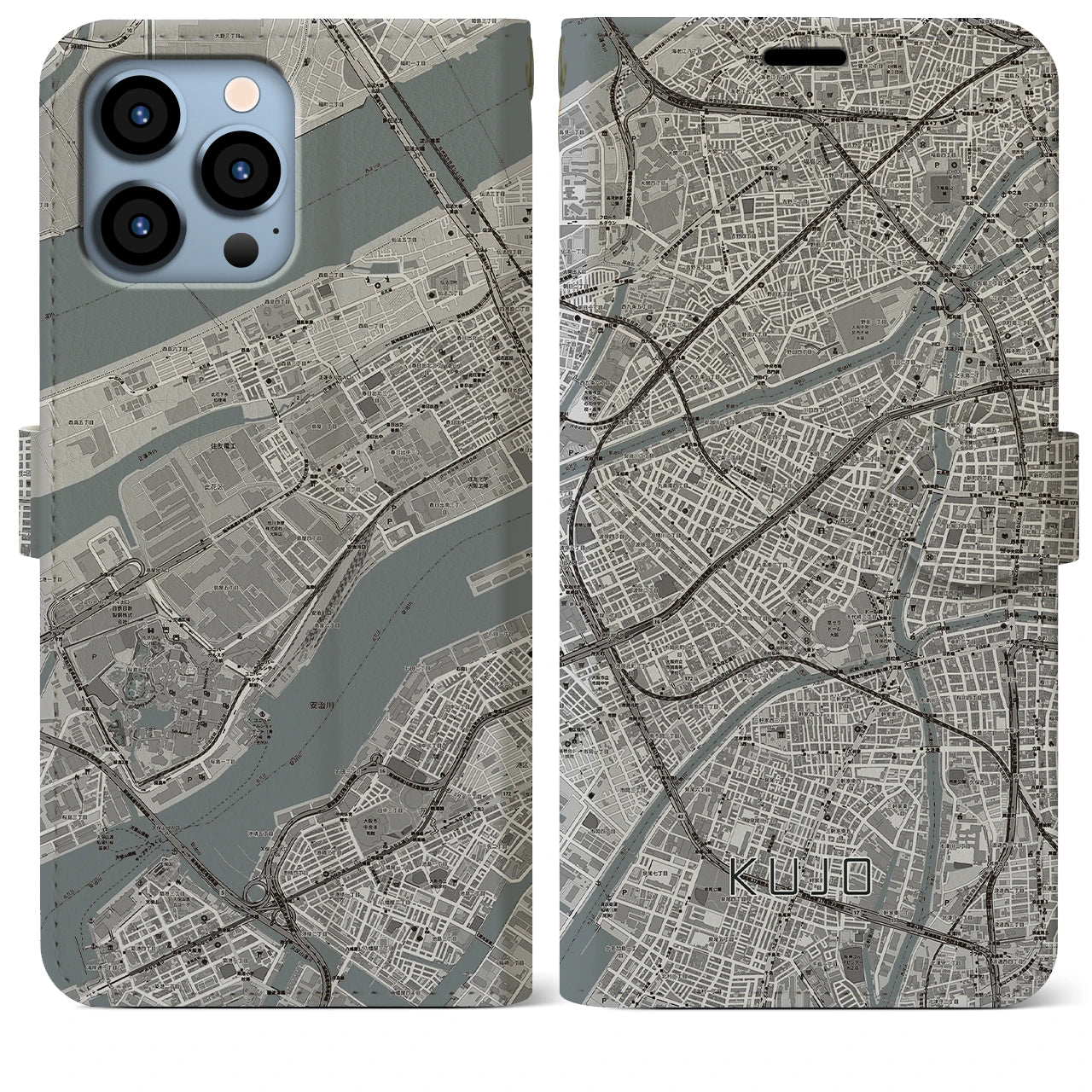 【九条(大阪府)】地図柄iPhoneケース(手帳タイプ)モノトーン・iPhone 13 Pro Max 用