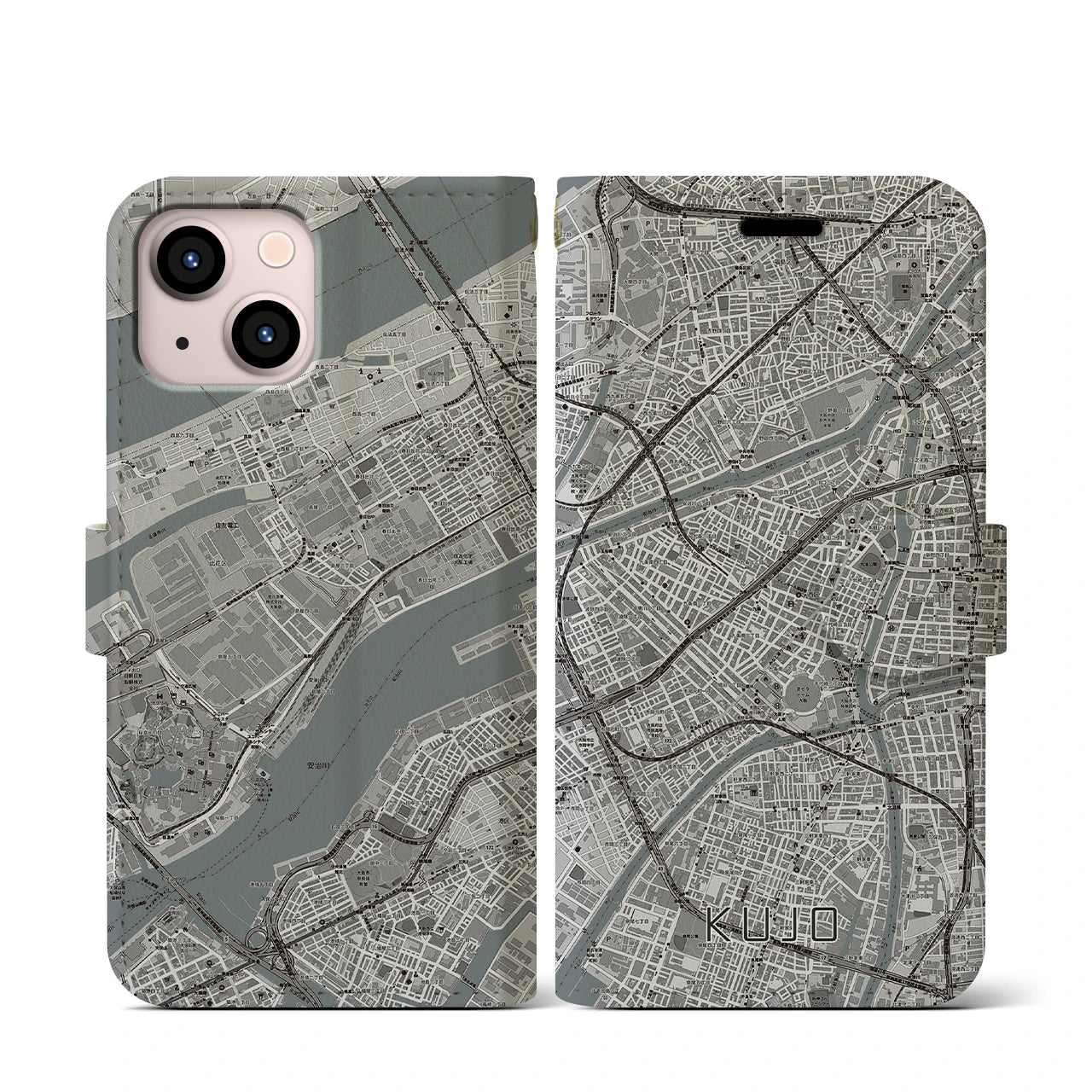 【九条(大阪府)】地図柄iPhoneケース(手帳タイプ)モノトーン・iPhone 13 mini 用