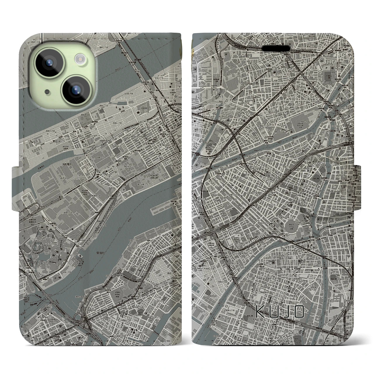 【九条(大阪府)】地図柄iPhoneケース(手帳タイプ)モノトーン・iPhone 15 用