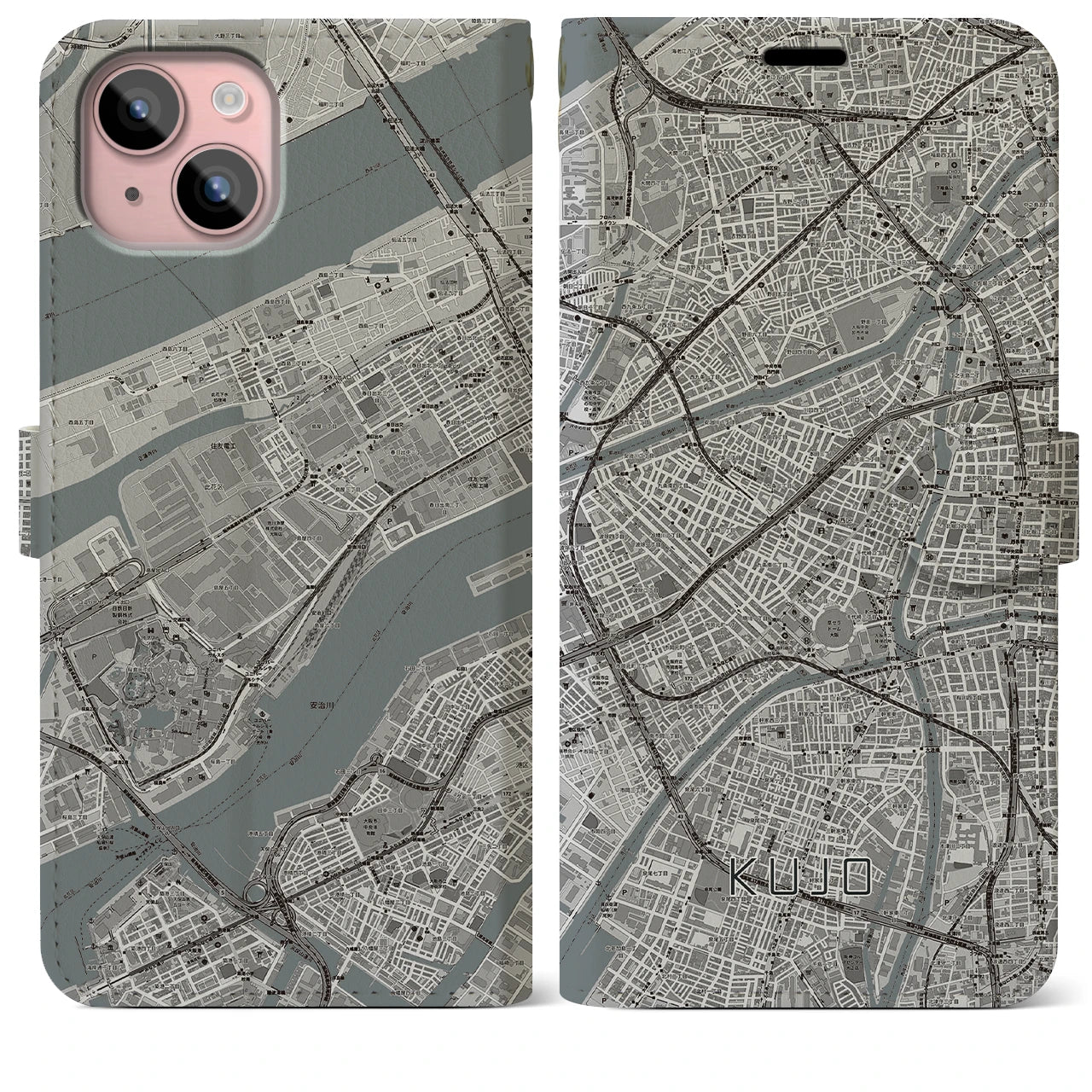 【九条(大阪府)】地図柄iPhoneケース(手帳タイプ)モノトーン・iPhone 15 Plus 用