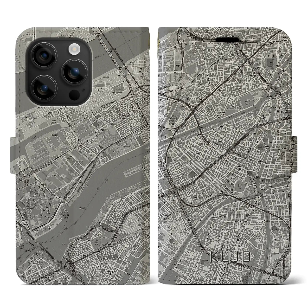 【九条(大阪府)】地図柄iPhoneケース(手帳タイプ)モノトーン・iPhone 16 用