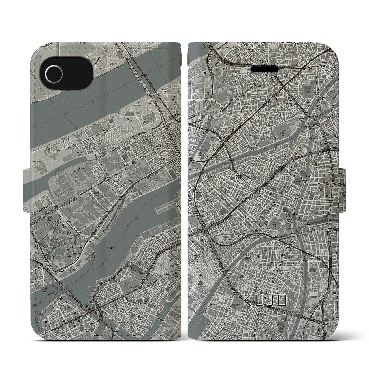 【九条(大阪府)】地図柄iPhoneケース(手帳タイプ)モノトーン・iPhone SE(第3 / 第2世代) / 8 / 7 / 6s / 6 用