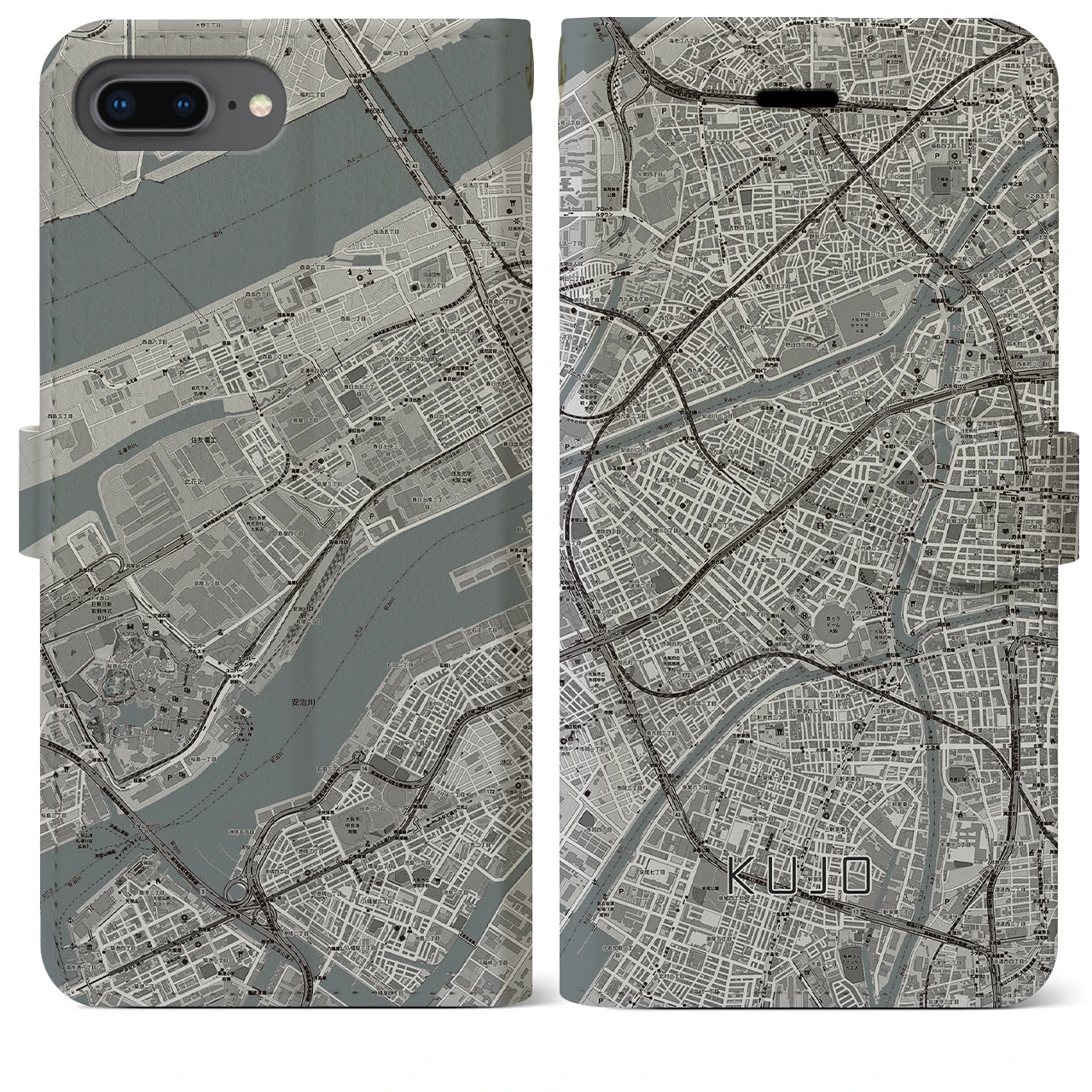 【九条(大阪府)】地図柄iPhoneケース(手帳タイプ)モノトーン・iPhone 8Plus /7Plus / 6sPlus / 6Plus 用