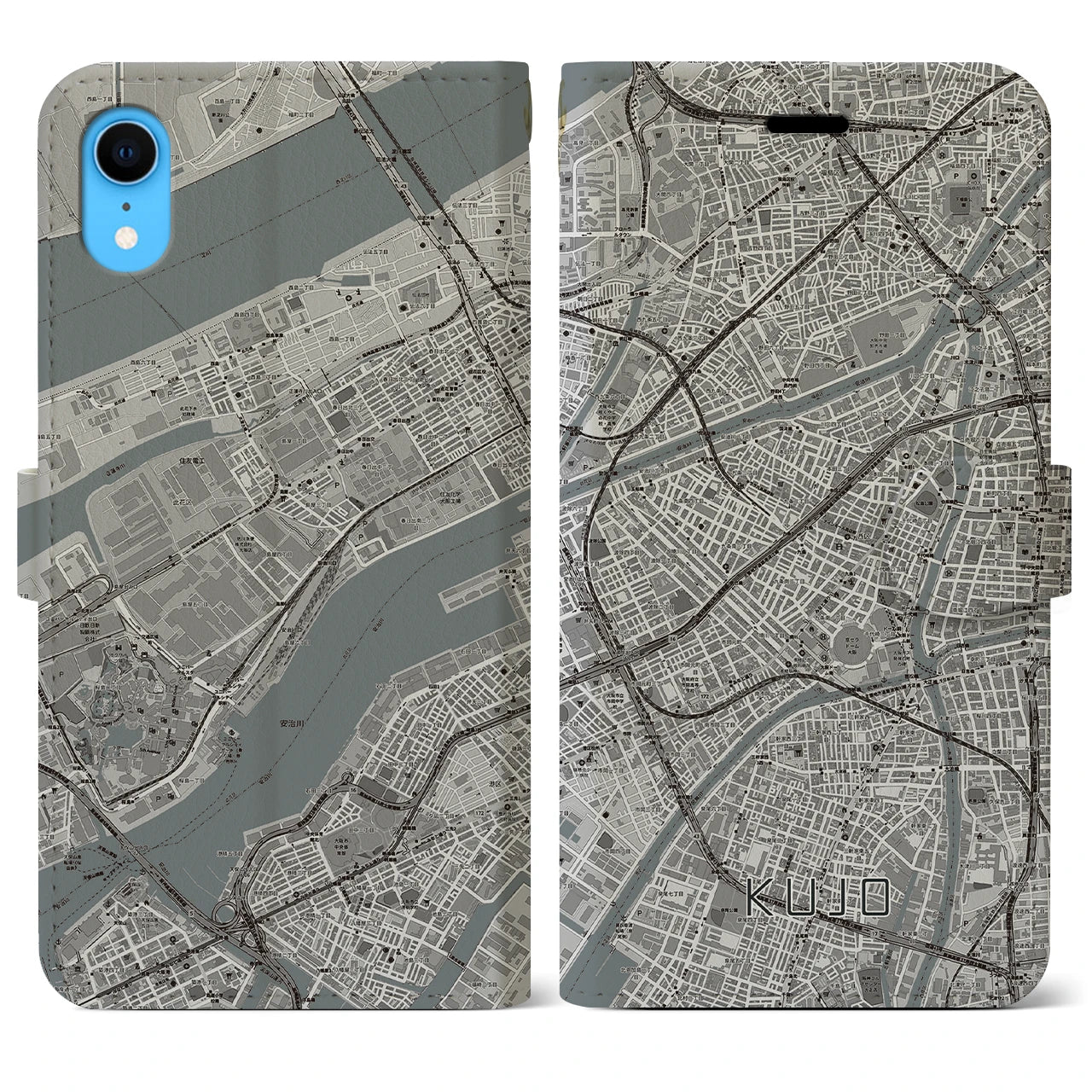 【九条(大阪府)】地図柄iPhoneケース(手帳タイプ)モノトーン・iPhone XR 用
