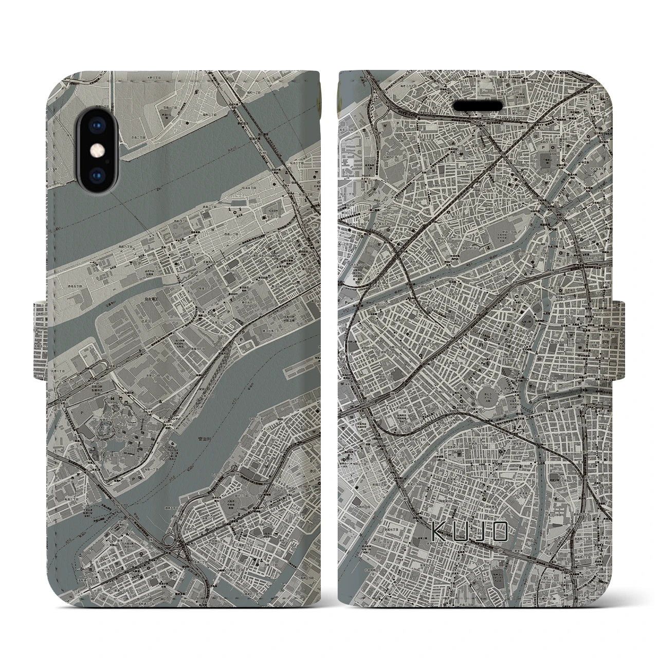 【九条(大阪府)】地図柄iPhoneケース(手帳タイプ)モノトーン・iPhone XS / X 用