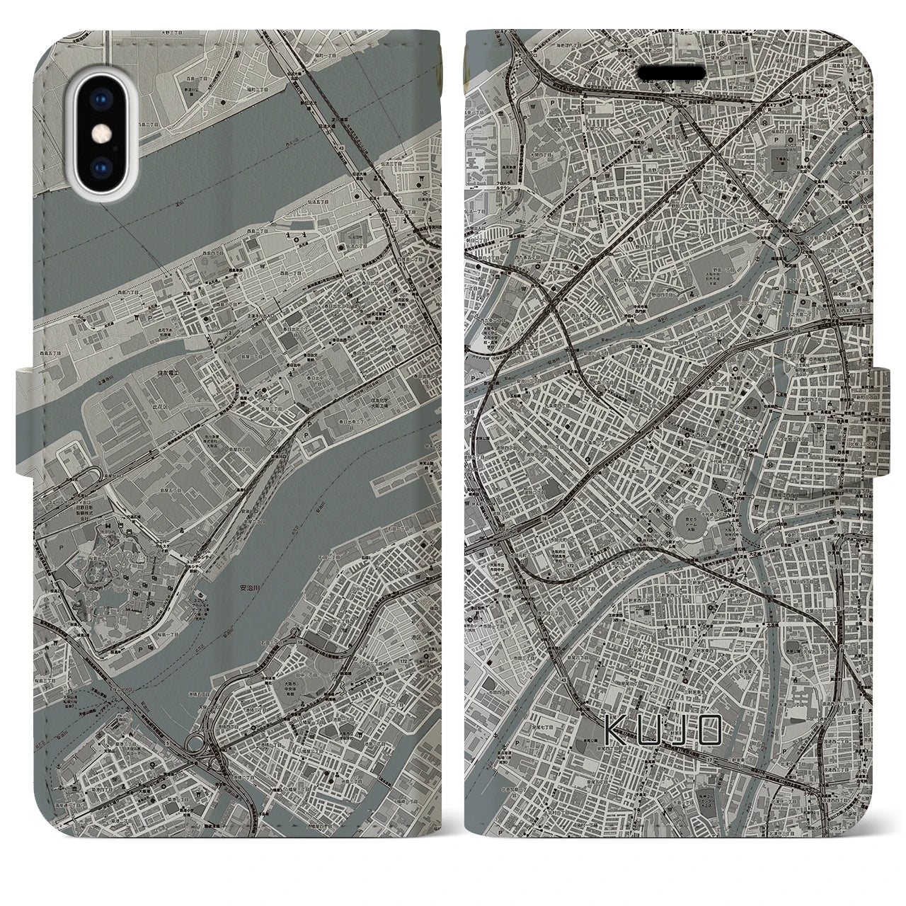 【九条(大阪府)】地図柄iPhoneケース(手帳タイプ)モノトーン・iPhone XS Max 用