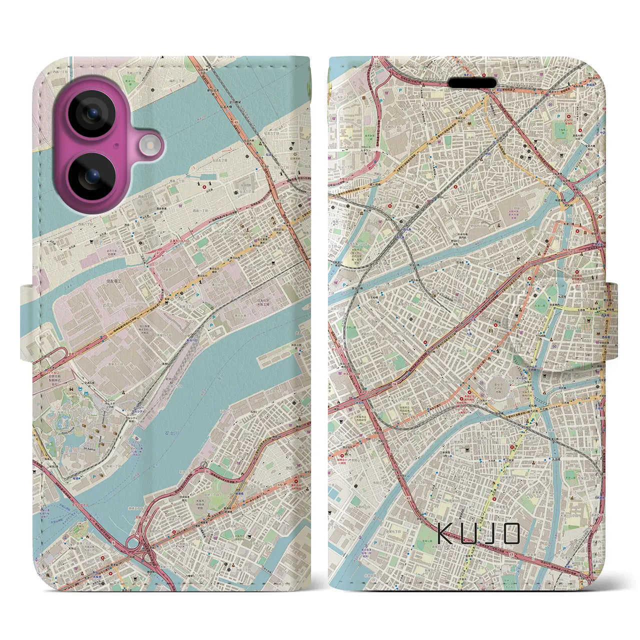 【九条(大阪府)】地図柄iPhoneケース(手帳タイプ)ナチュラル・iPhone 16 Pro 用