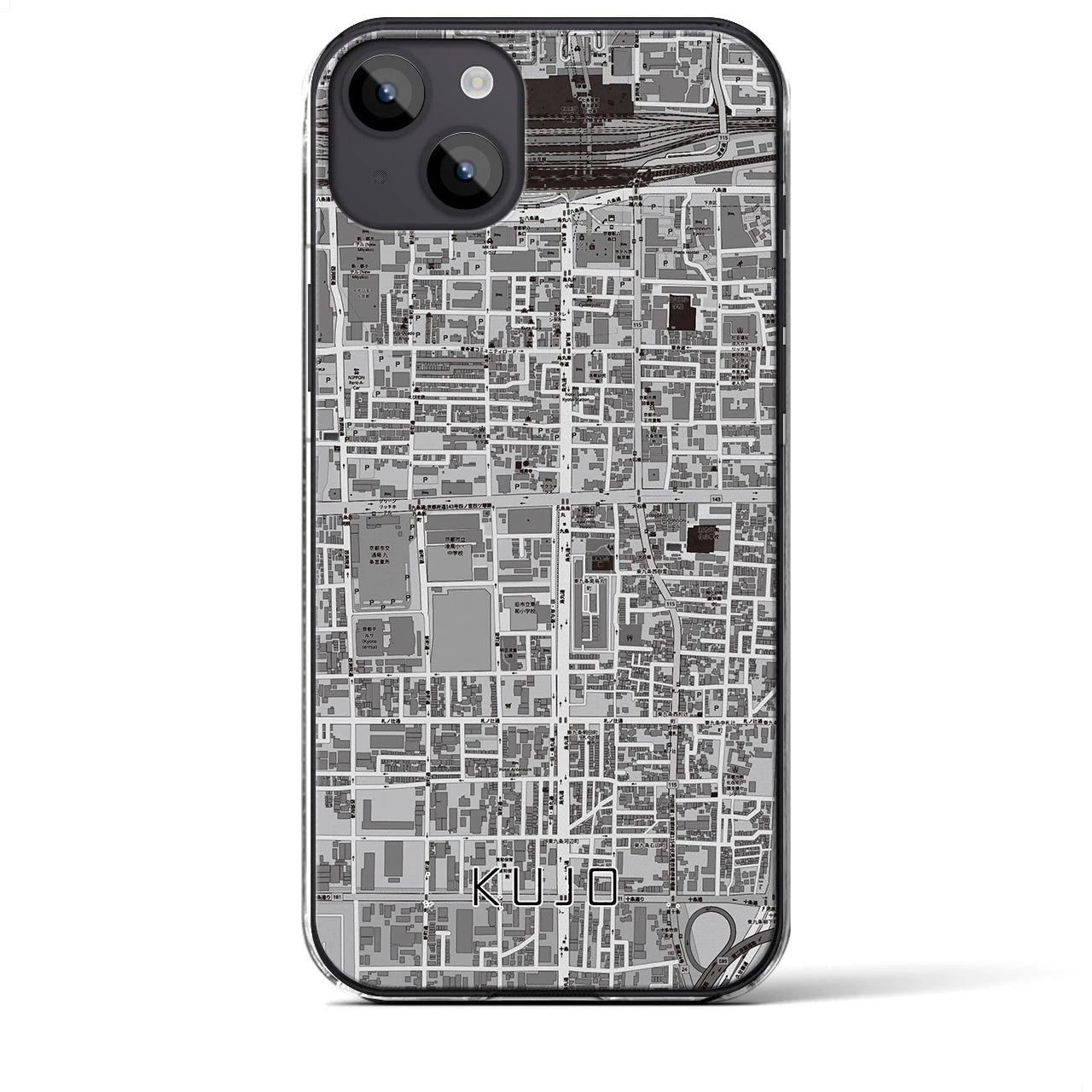 【九条(京都府)】地図柄iPhoneケース(クリアタイプ)モノトーン・iPhone 14 Plus 用
