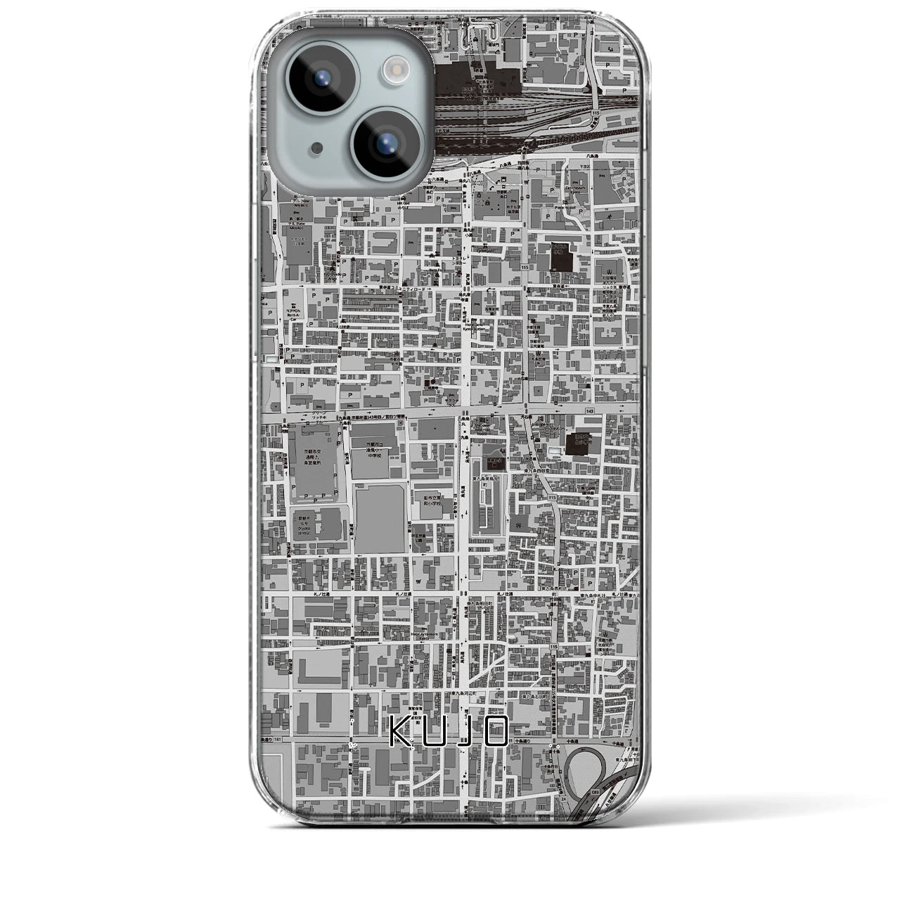 【九条(京都府)】地図柄iPhoneケース(クリアタイプ)モノトーン・iPhone 15 Plus 用