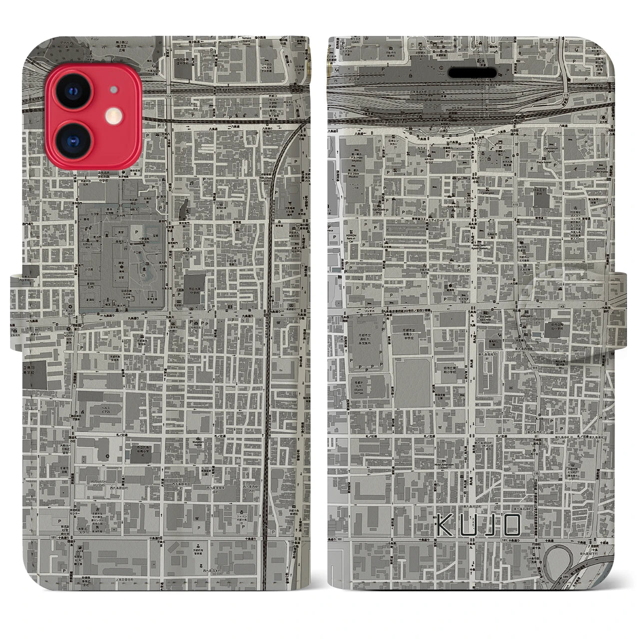 【九条(京都府)】地図柄iPhoneケース(手帳タイプ)モノトーン・iPhone 11 用