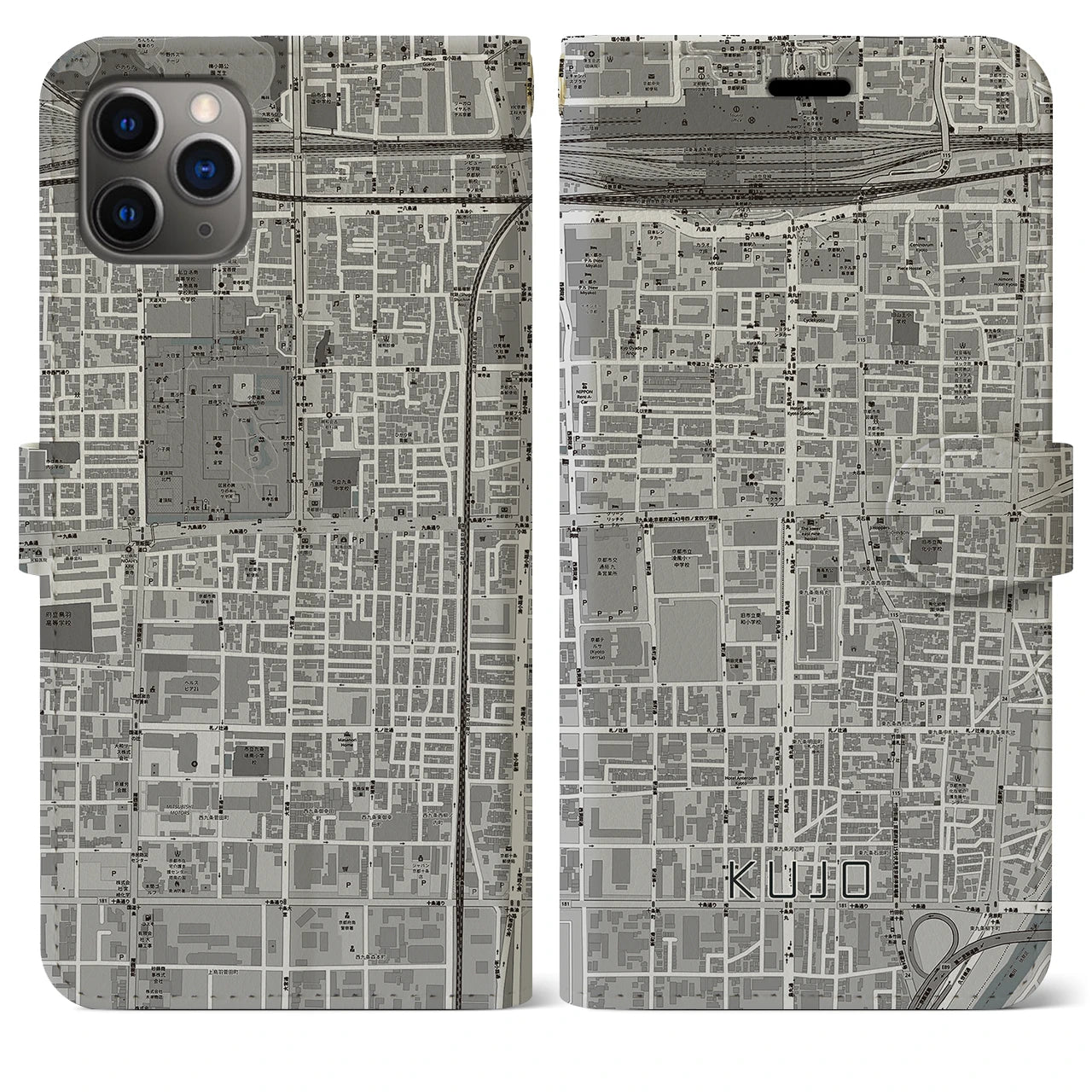 【九条(京都府)】地図柄iPhoneケース(手帳タイプ)モノトーン・iPhone 11 Pro Max 用