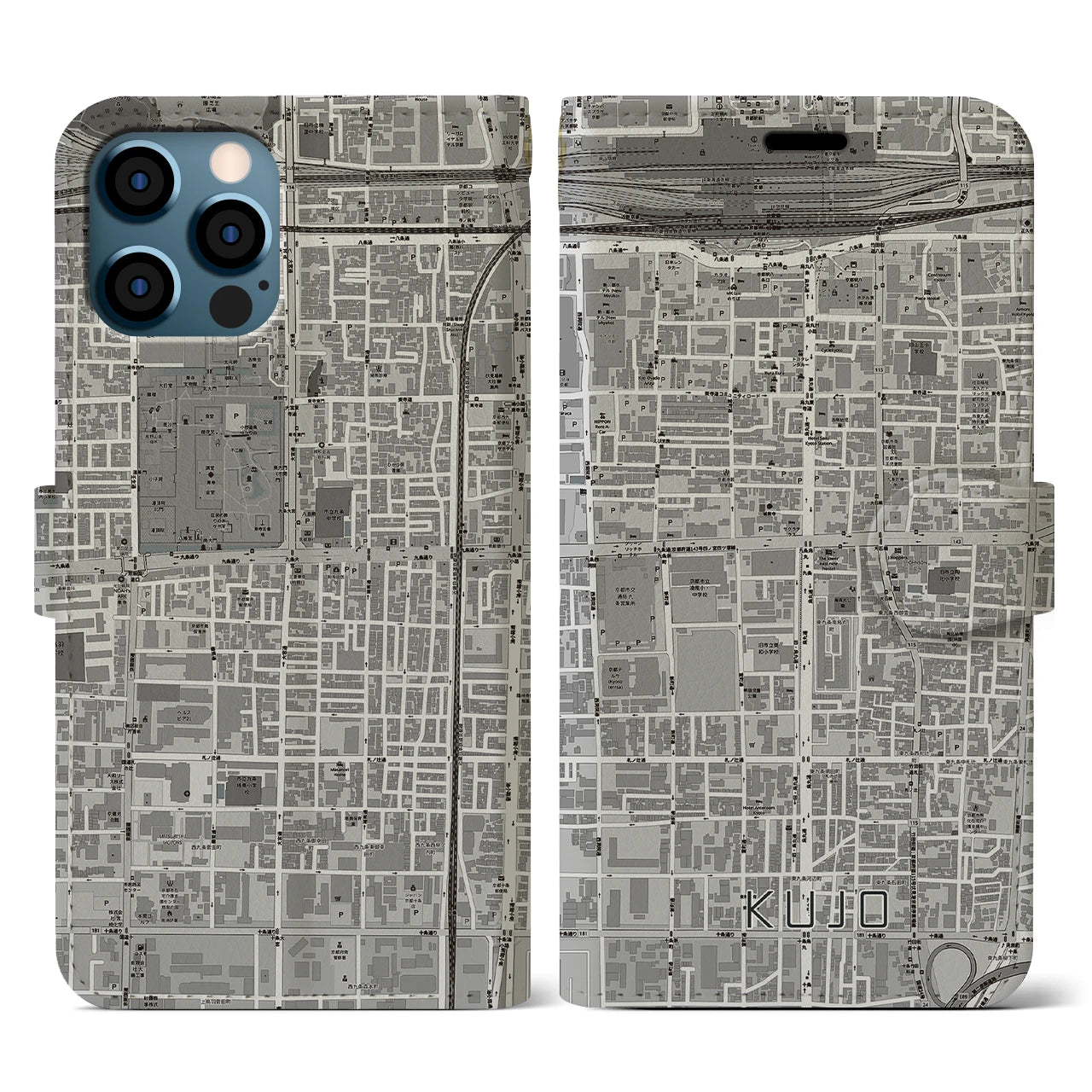 【九条(京都府)】地図柄iPhoneケース(手帳タイプ)モノトーン・iPhone 12 / 12 Pro 用