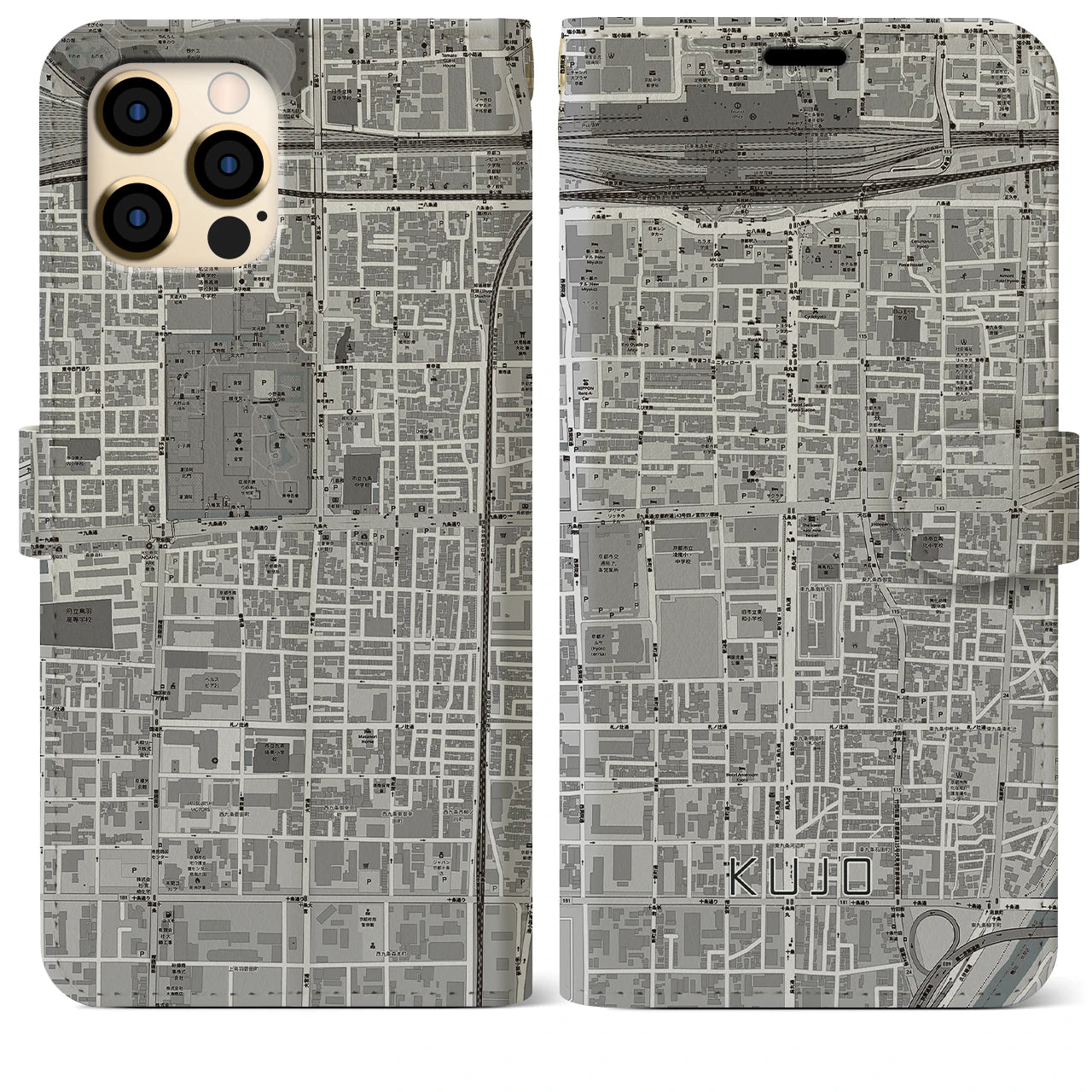 【九条(京都府)】地図柄iPhoneケース(手帳タイプ)モノトーン・iPhone 12 Pro Max 用