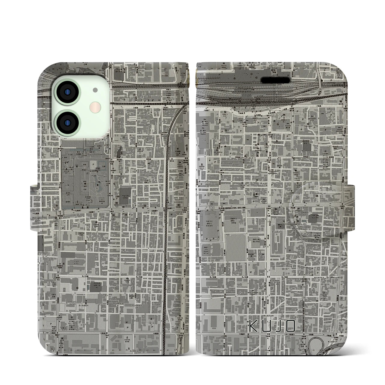【九条(京都府)】地図柄iPhoneケース(手帳タイプ)モノトーン・iPhone 12 mini 用