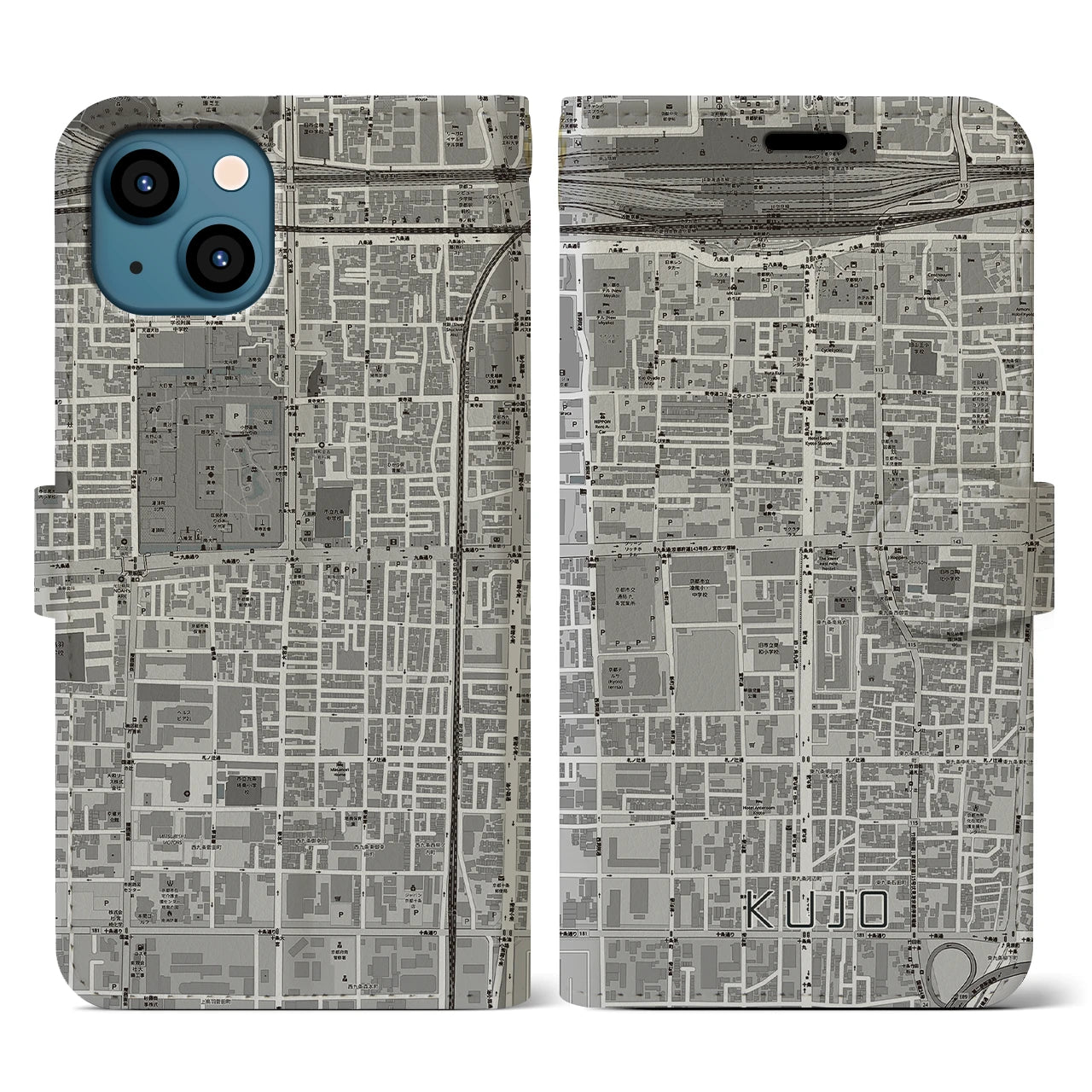 【九条(京都府)】地図柄iPhoneケース(手帳タイプ)モノトーン・iPhone 13 用