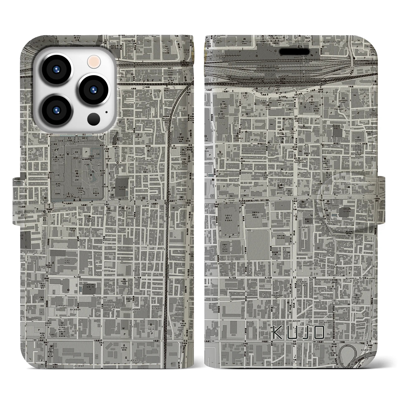 【九条(京都府)】地図柄iPhoneケース(手帳タイプ)モノトーン・iPhone 13 Pro 用