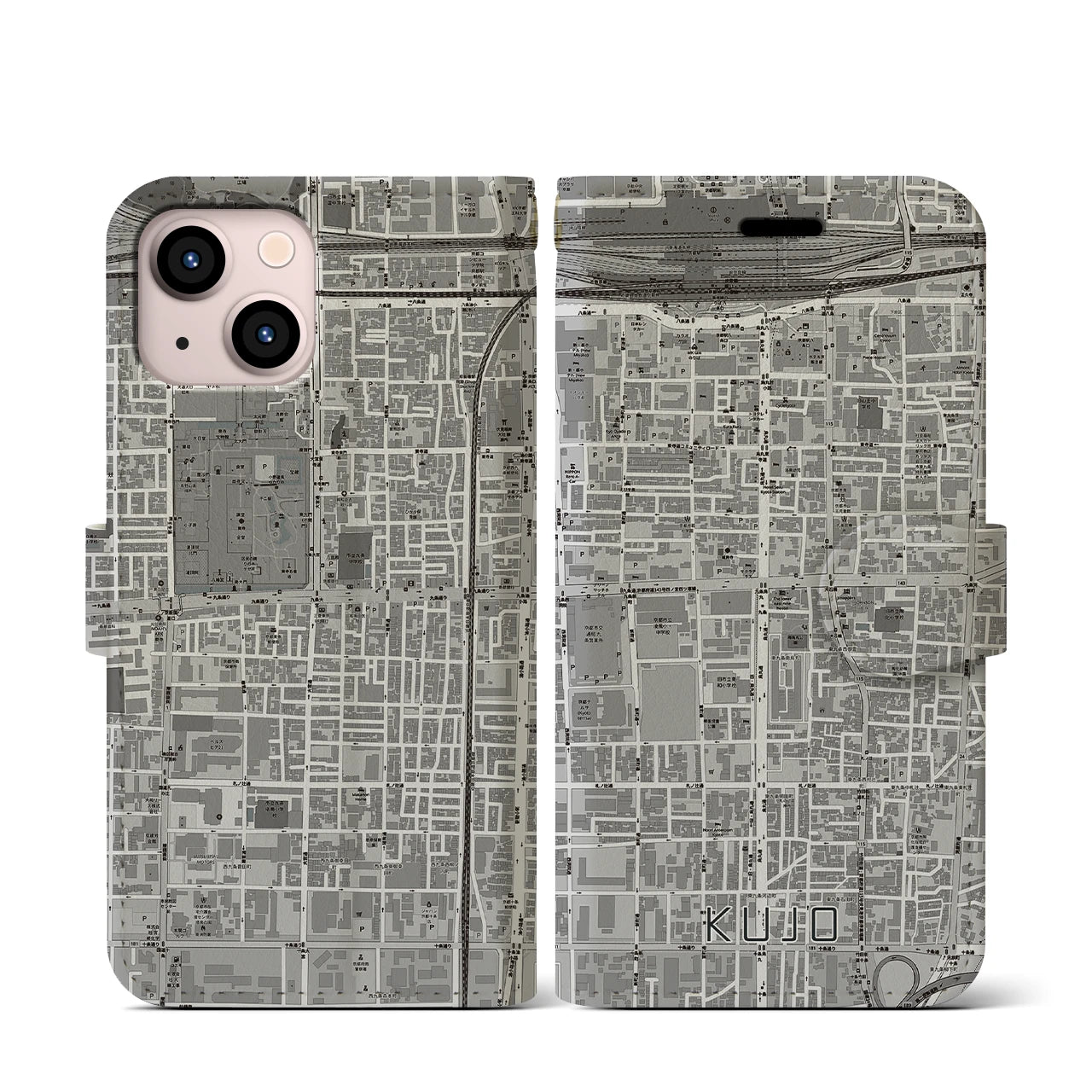 【九条(京都府)】地図柄iPhoneケース(手帳タイプ)モノトーン・iPhone 13 mini 用
