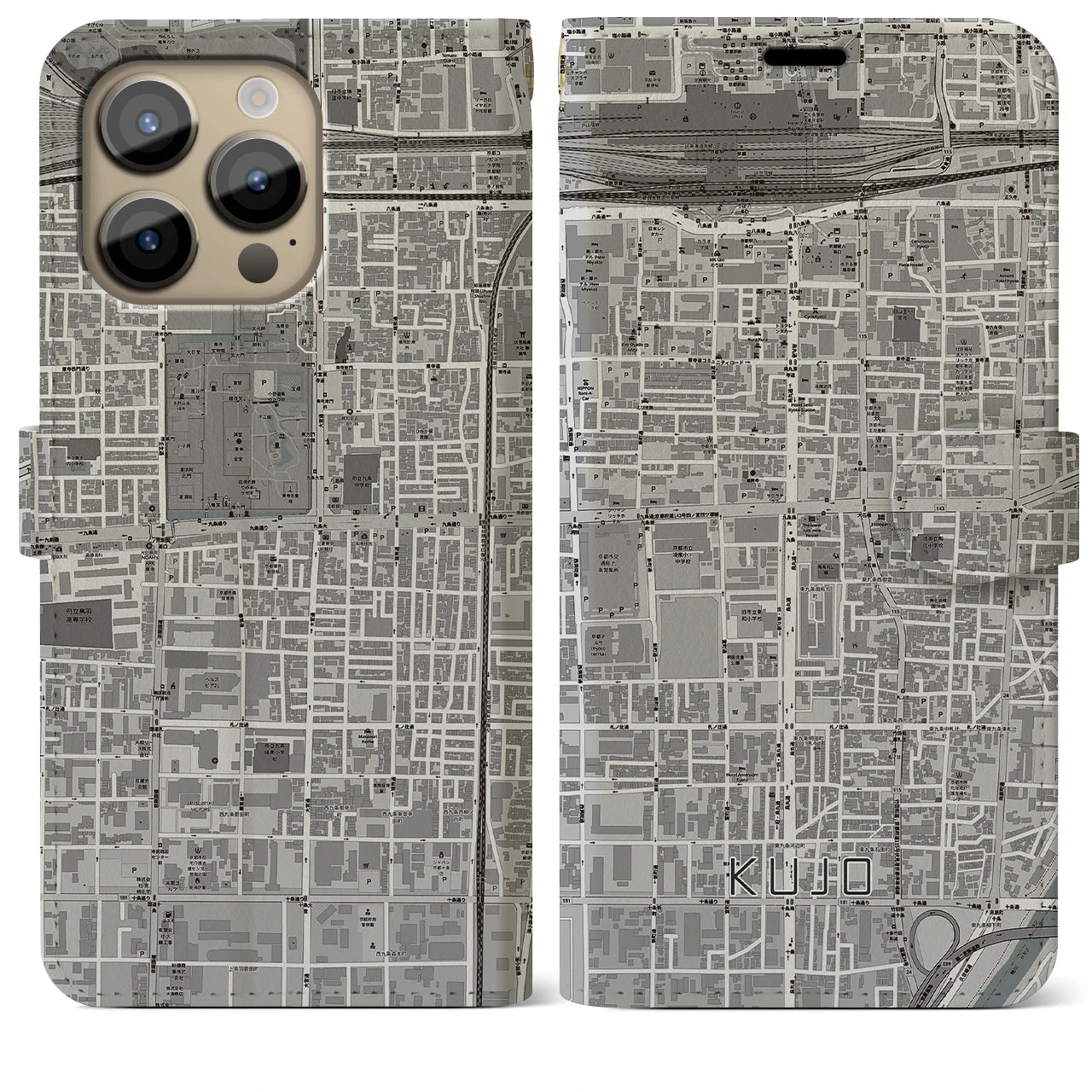 【九条(京都府)】地図柄iPhoneケース(手帳タイプ)モノトーン・iPhone 14 Pro Max 用
