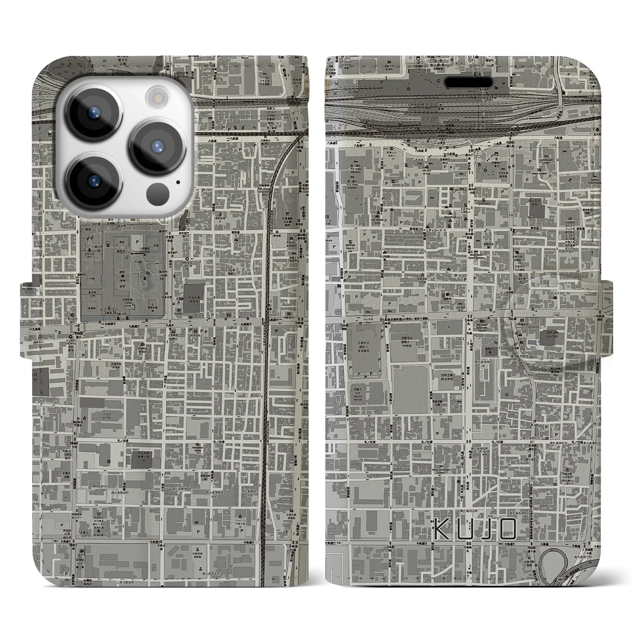 【九条(京都府)】地図柄iPhoneケース(手帳タイプ)モノトーン・iPhone 14 Pro 用