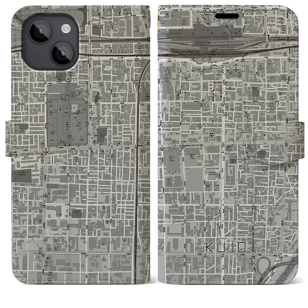 【九条(京都府)】地図柄iPhoneケース(手帳タイプ)モノトーン・iPhone 14 Plus 用