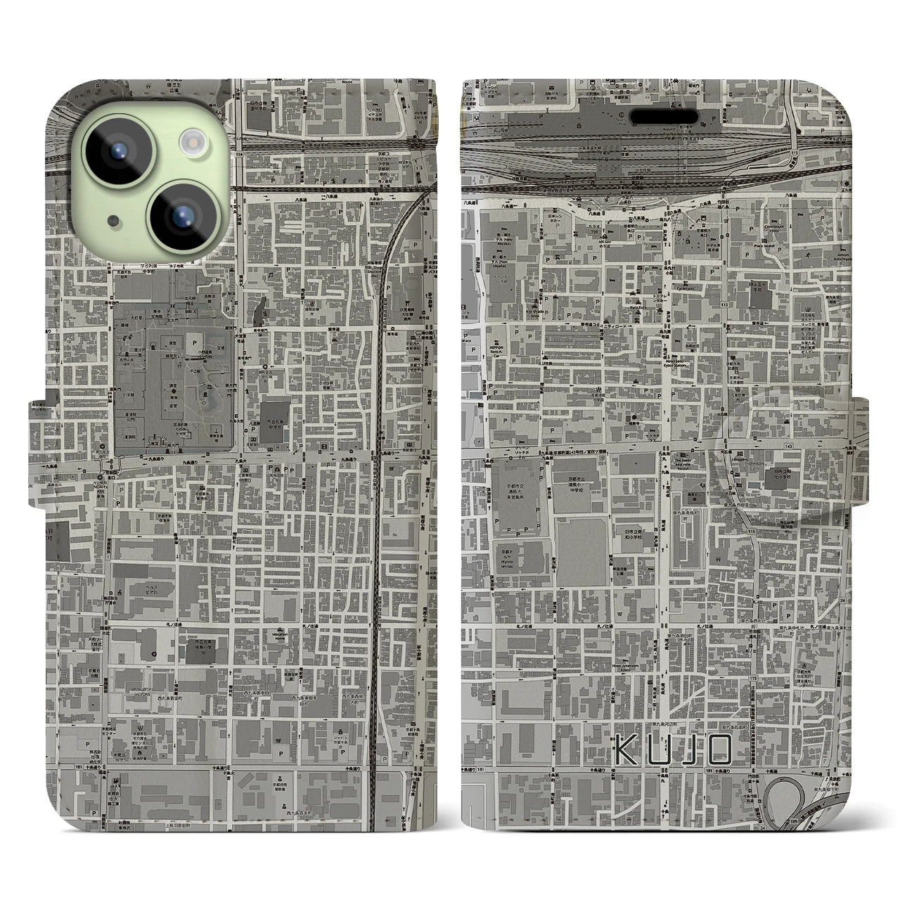 【九条(京都府)】地図柄iPhoneケース(手帳タイプ)モノトーン・iPhone 15 用