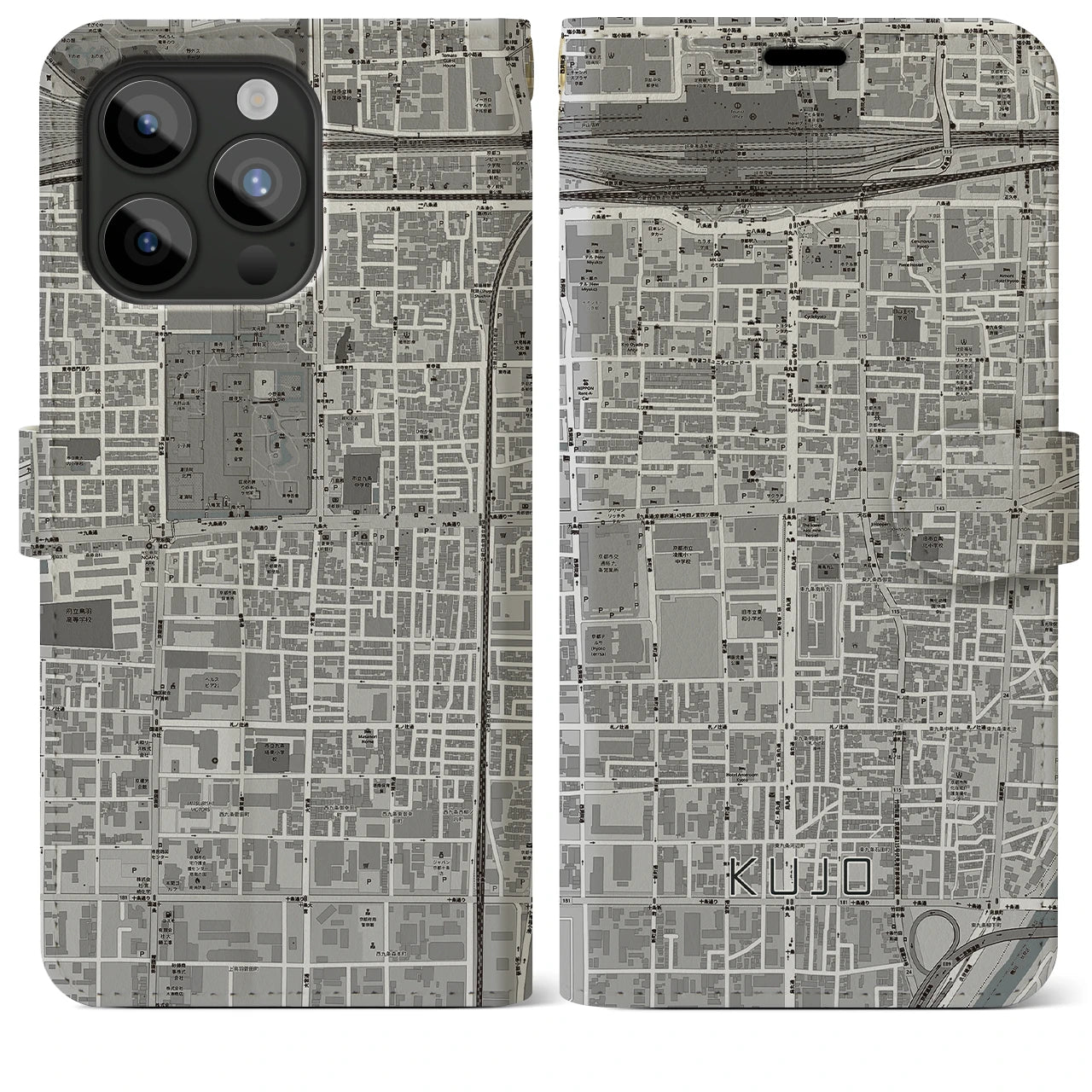 【九条(京都府)】地図柄iPhoneケース(手帳タイプ)モノトーン・iPhone 15 Pro Max 用