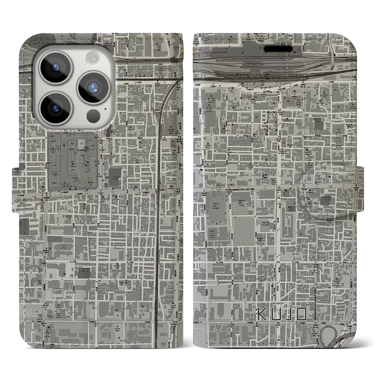 【九条(京都府)】地図柄iPhoneケース(手帳タイプ)モノトーン・iPhone 15 Pro 用