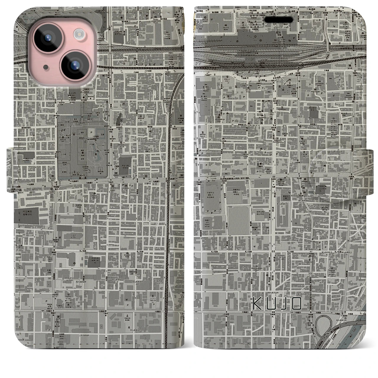 【九条(京都府)】地図柄iPhoneケース(手帳タイプ)モノトーン・iPhone 15 Plus 用