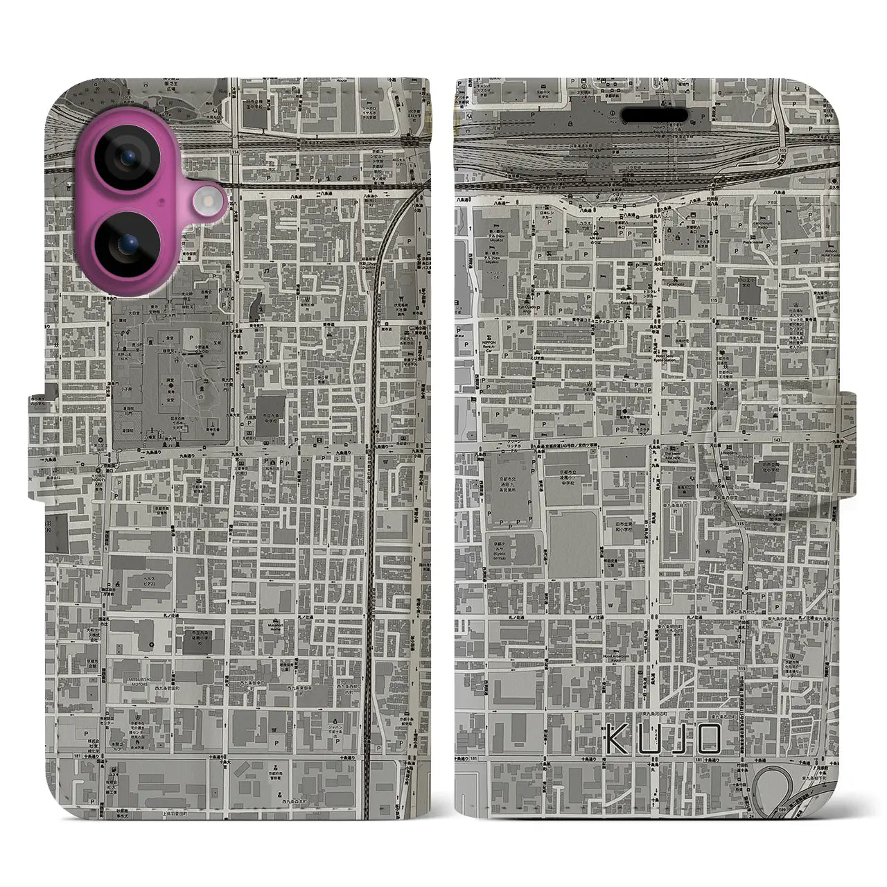 【九条(京都府)】地図柄iPhoneケース(手帳タイプ)モノトーン・iPhone 16 Pro 用