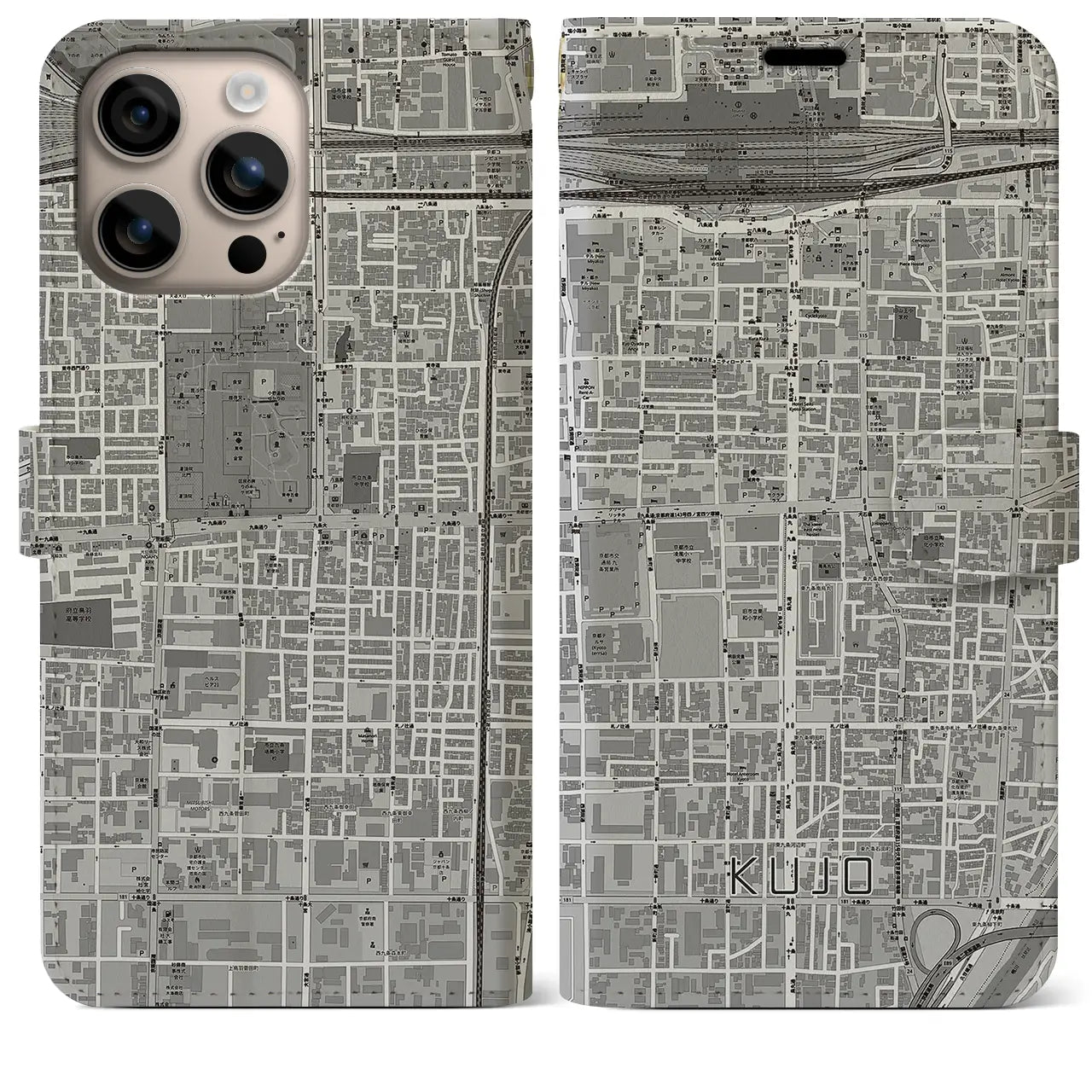 【九条(京都府)】地図柄iPhoneケース(手帳タイプ)モノトーン・iPhone 16 Plus 用