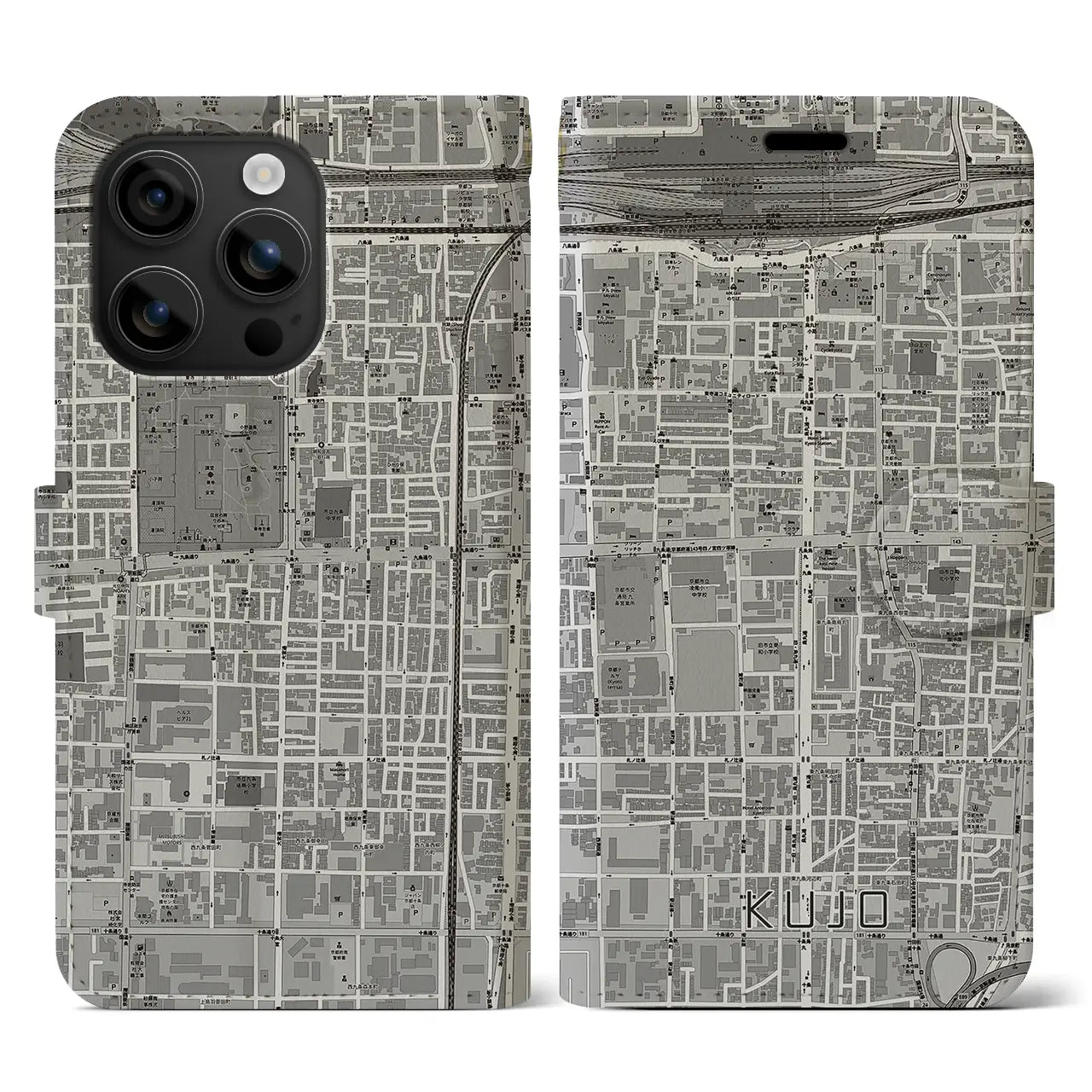 【九条(京都府)】地図柄iPhoneケース(手帳タイプ)モノトーン・iPhone 16 用