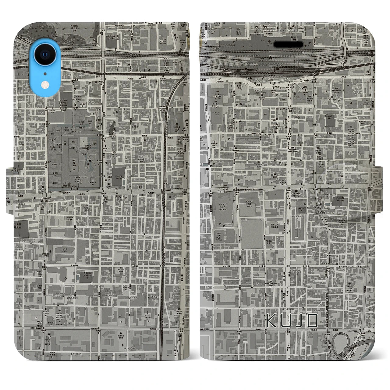 【九条(京都府)】地図柄iPhoneケース(手帳タイプ)モノトーン・iPhone XR 用