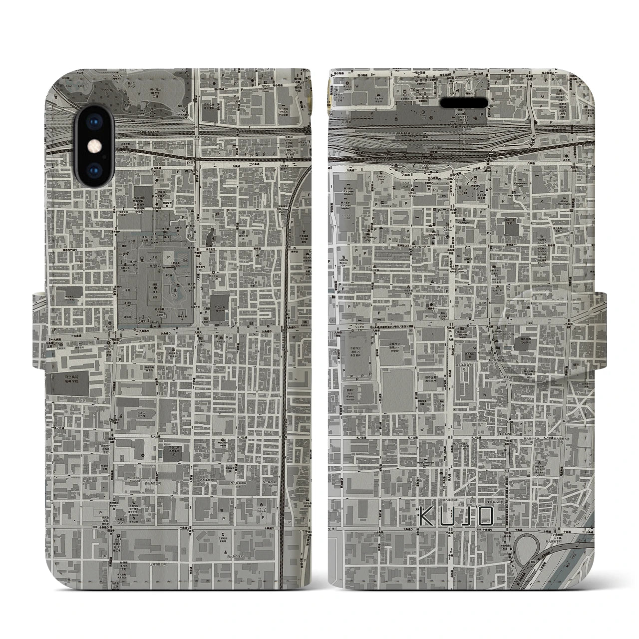 【九条(京都府)】地図柄iPhoneケース(手帳タイプ)モノトーン・iPhone XS / X 用