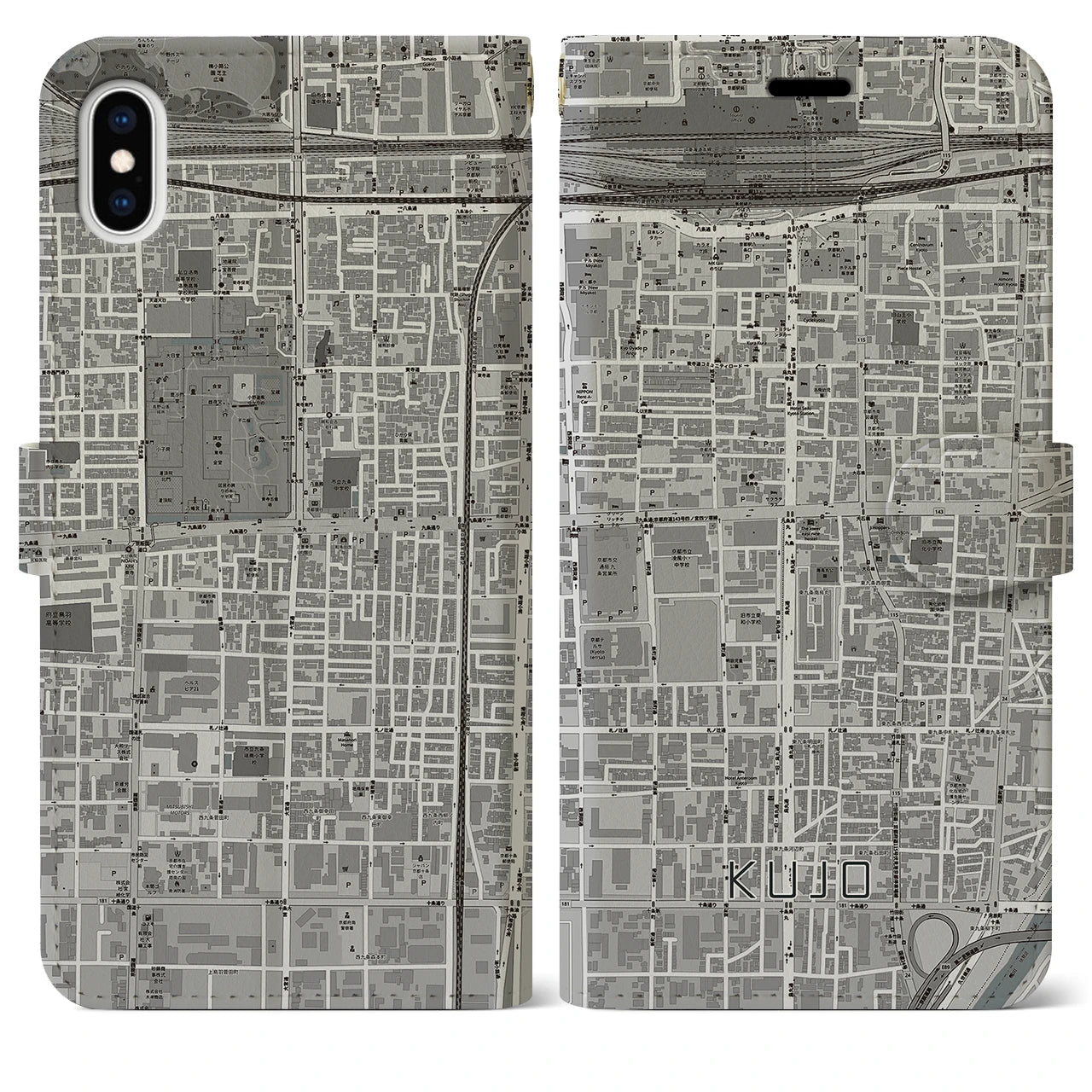 【九条(京都府)】地図柄iPhoneケース(手帳タイプ)モノトーン・iPhone XS Max 用