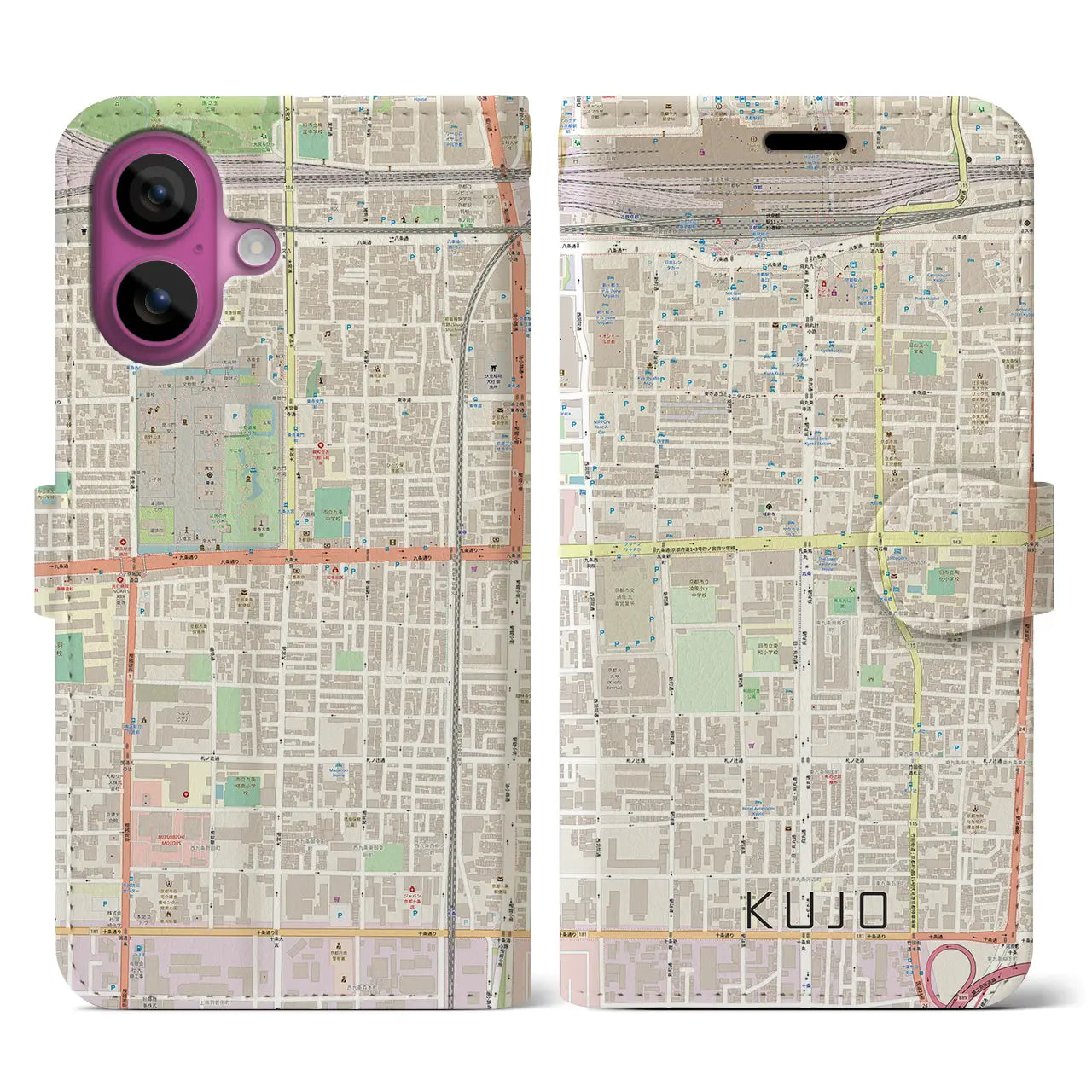 【九条(京都府)】地図柄iPhoneケース(手帳タイプ)ナチュラル・iPhone 16 Pro 用