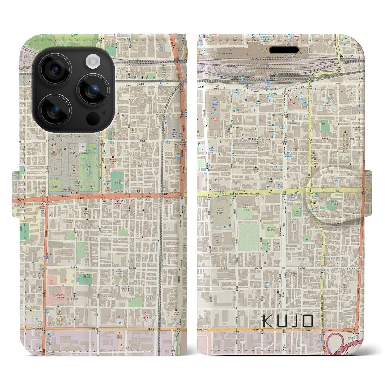【九条(京都府)】地図柄iPhoneケース(手帳タイプ)ナチュラル・iPhone 16 用