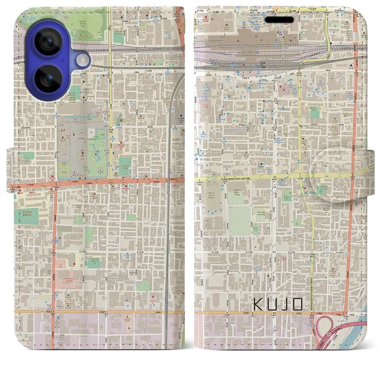 【九条(京都府)】地図柄iPhoneケース(手帳タイプ)ナチュラル・iPhone 16 Pro Max 用