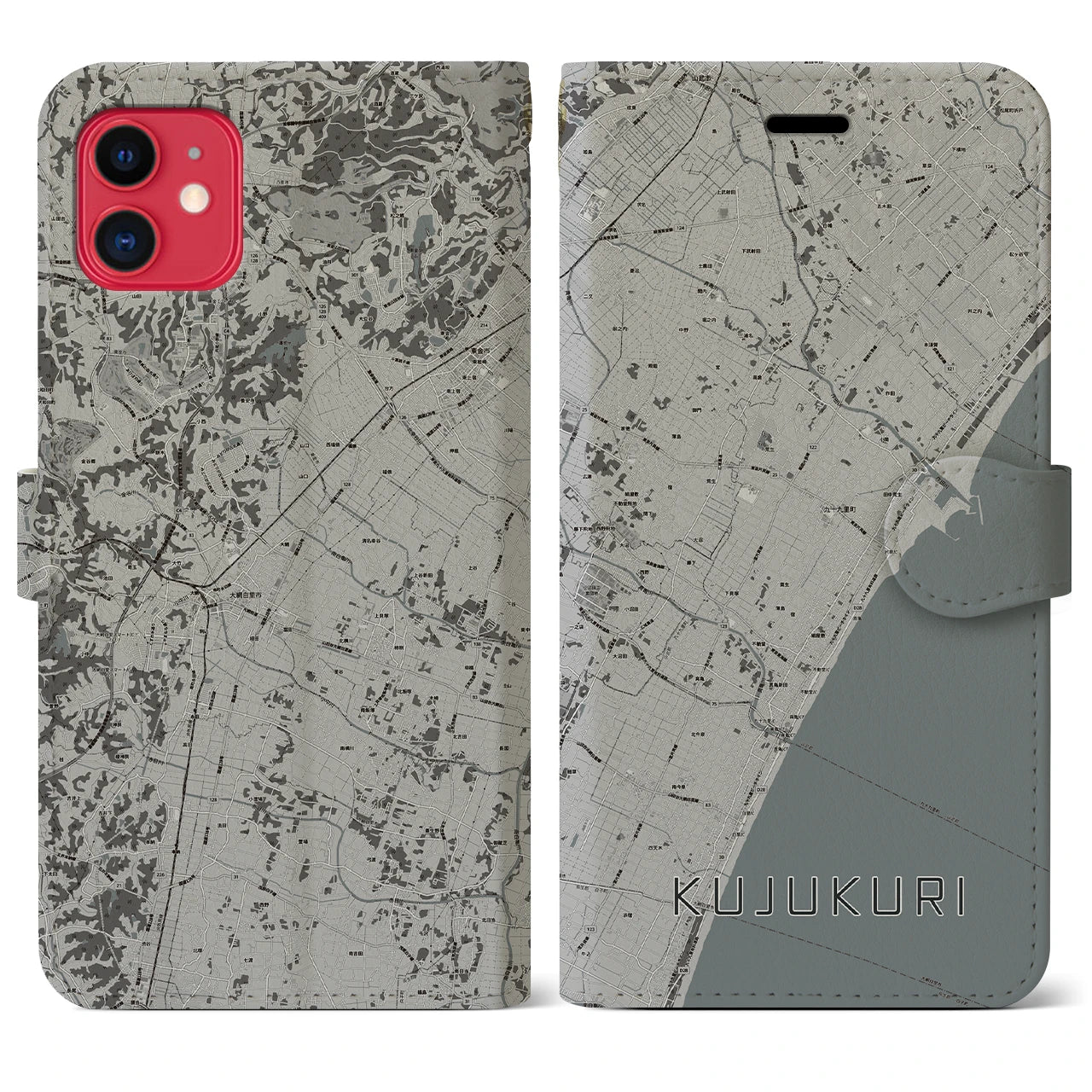 【九十九里(千葉県)】地図柄iPhoneケース(手帳タイプ)モノトーン・iPhone 11 用