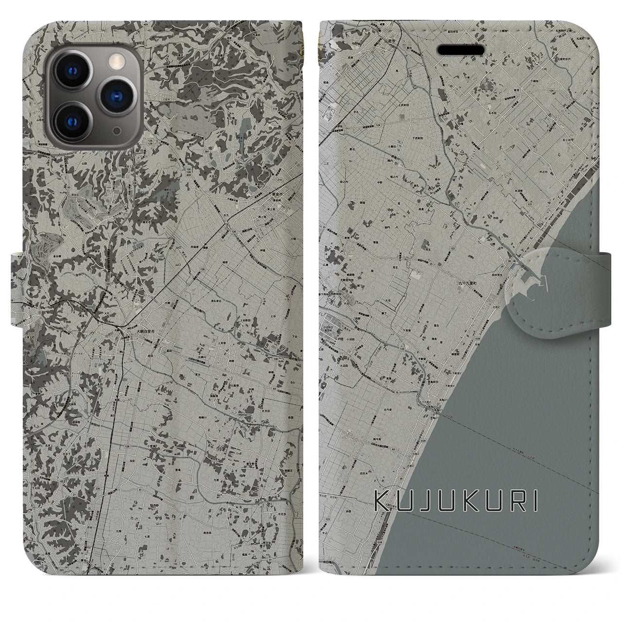 【九十九里(千葉県)】地図柄iPhoneケース(手帳タイプ)モノトーン・iPhone 11 Pro Max 用