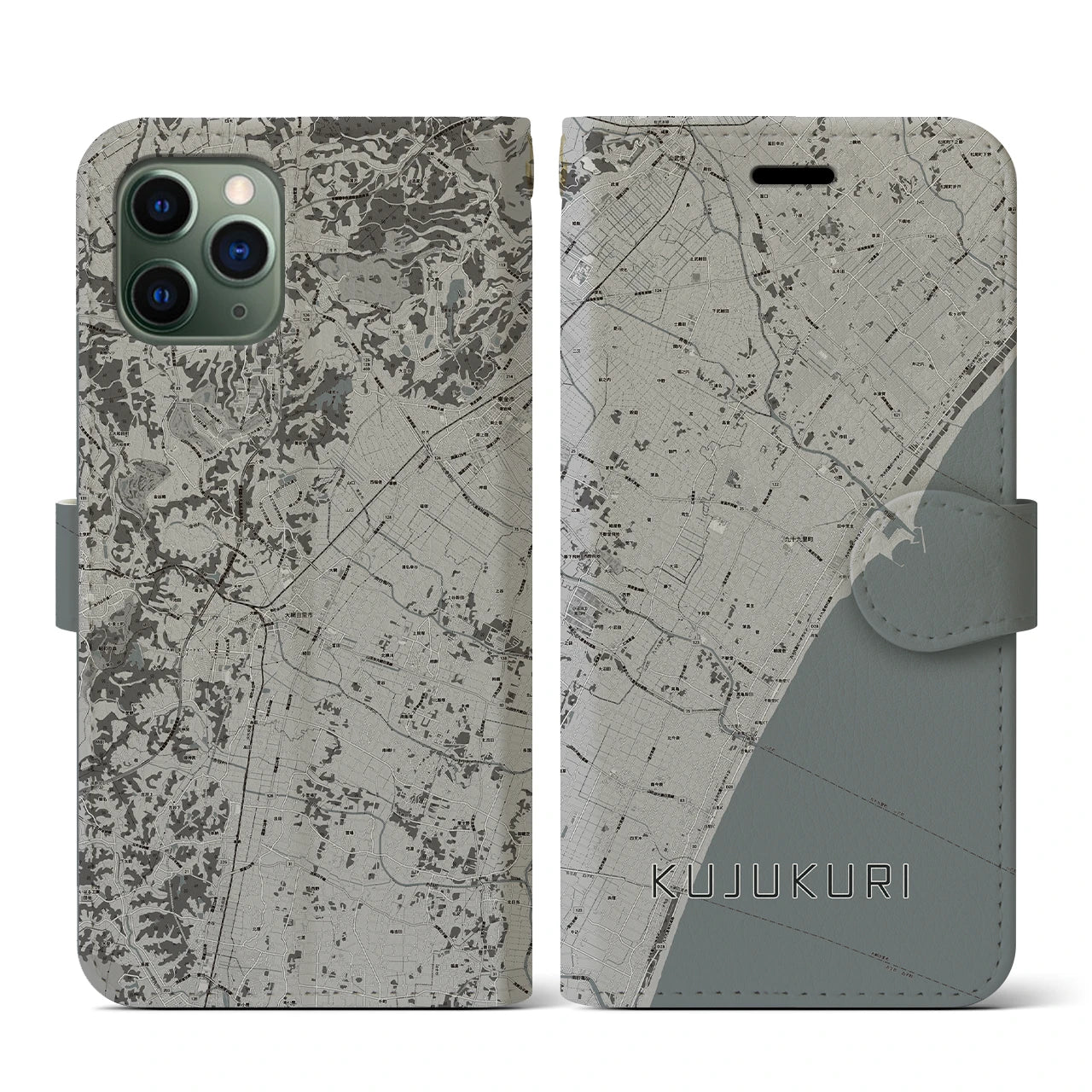 【九十九里(千葉県)】地図柄iPhoneケース(手帳タイプ)モノトーン・iPhone 11 Pro 用