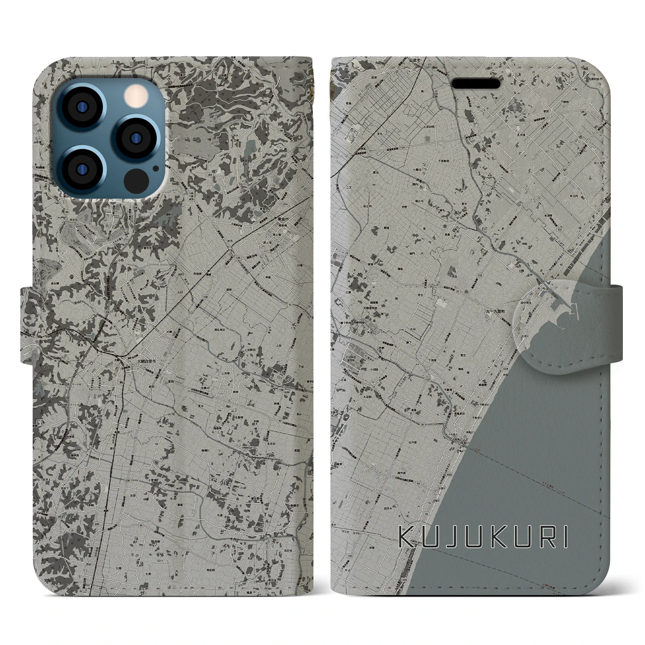 【九十九里(千葉県)】地図柄iPhoneケース(手帳タイプ)モノトーン・iPhone 12 / 12 Pro 用