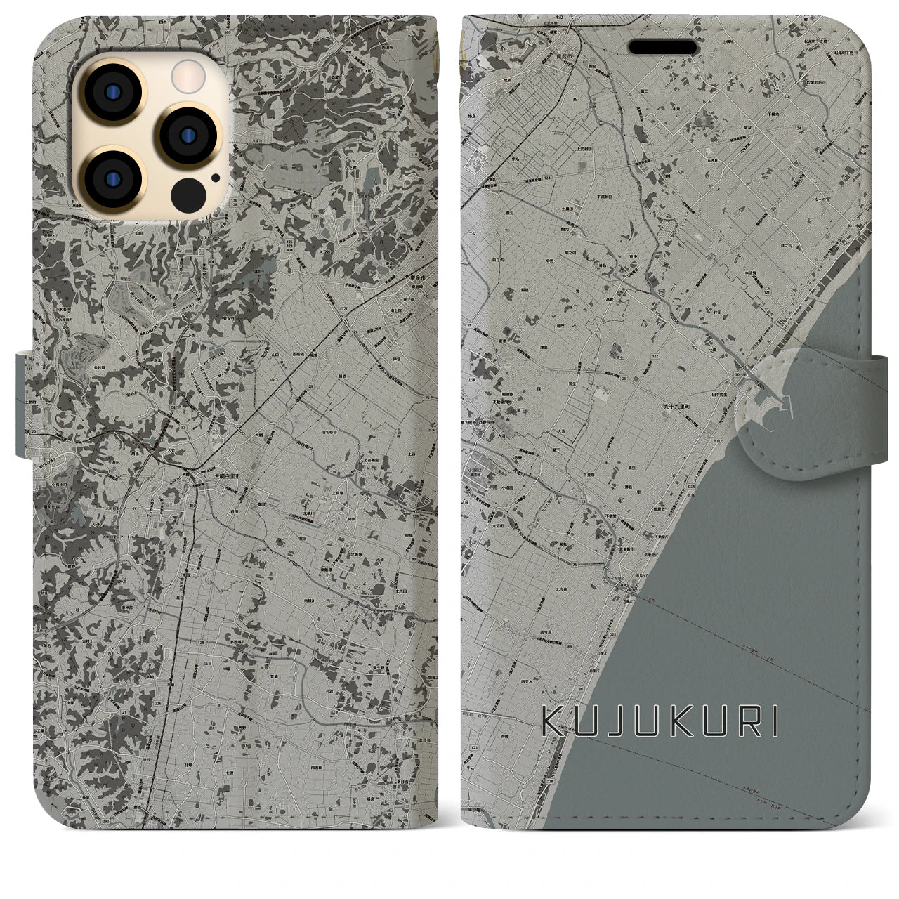 【九十九里(千葉県)】地図柄iPhoneケース(手帳タイプ)モノトーン・iPhone 12 Pro Max 用