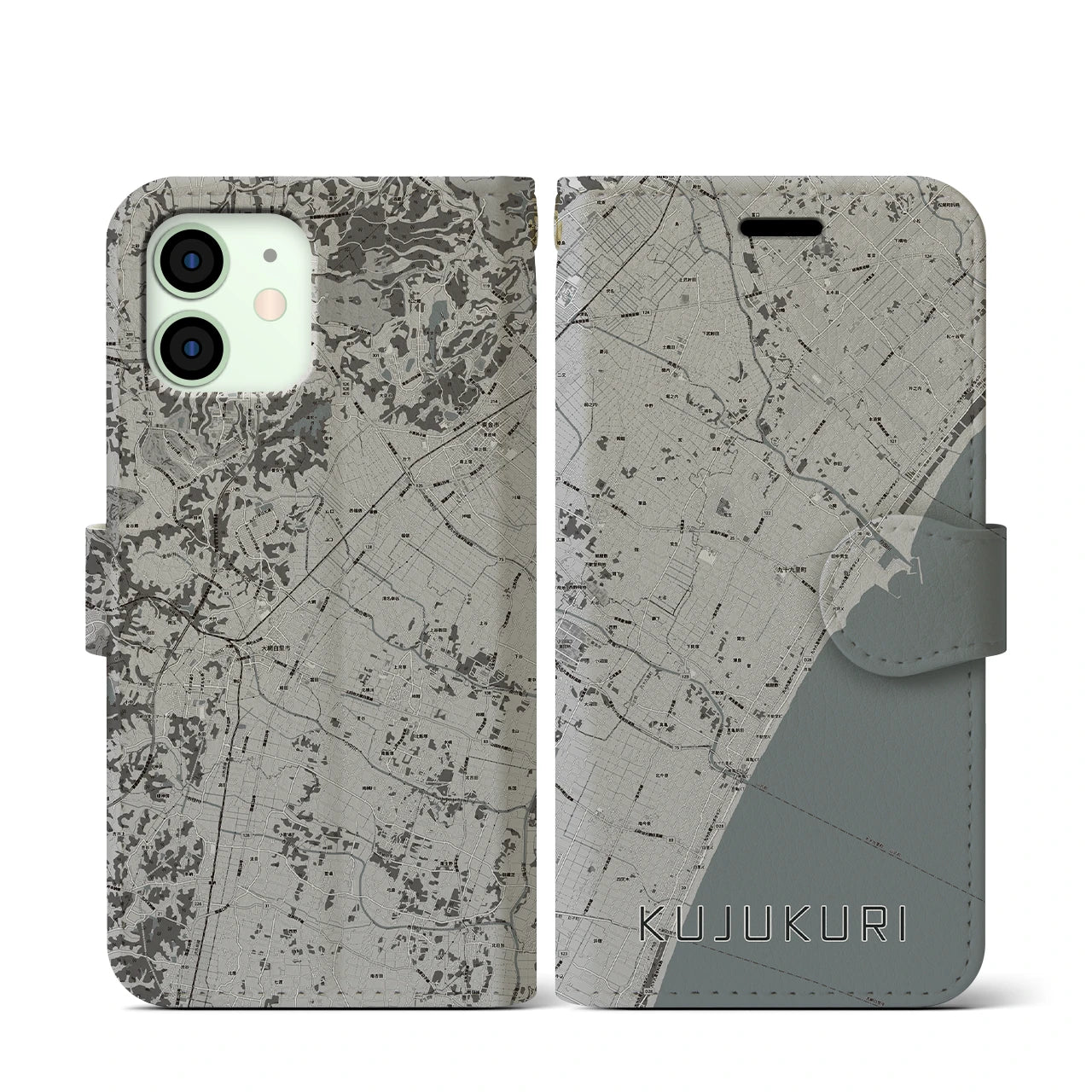 【九十九里(千葉県)】地図柄iPhoneケース(手帳タイプ)モノトーン・iPhone 12 mini 用