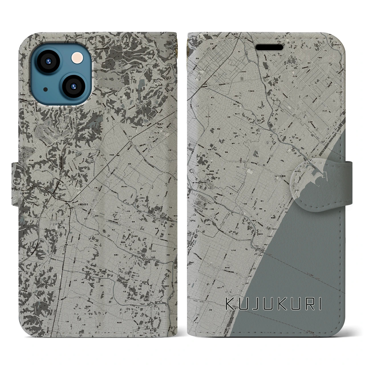 【九十九里(千葉県)】地図柄iPhoneケース(手帳タイプ)モノトーン・iPhone 13 用