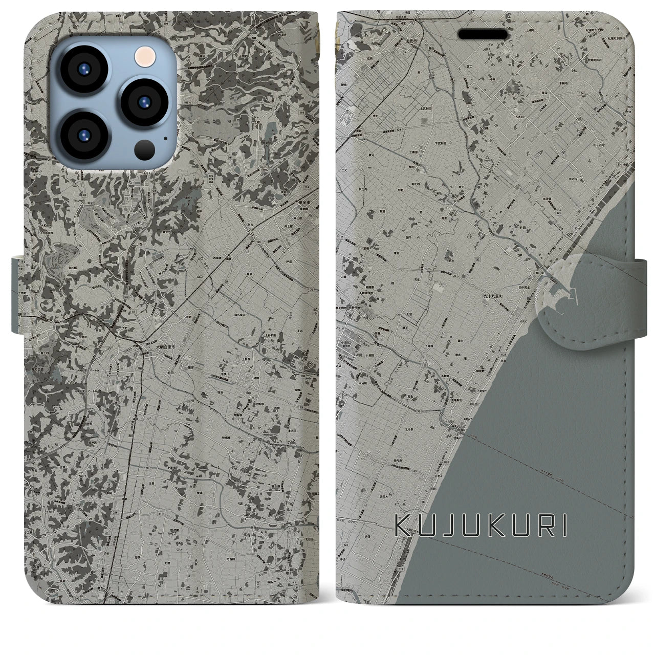 【九十九里(千葉県)】地図柄iPhoneケース(手帳タイプ)モノトーン・iPhone 13 Pro Max 用