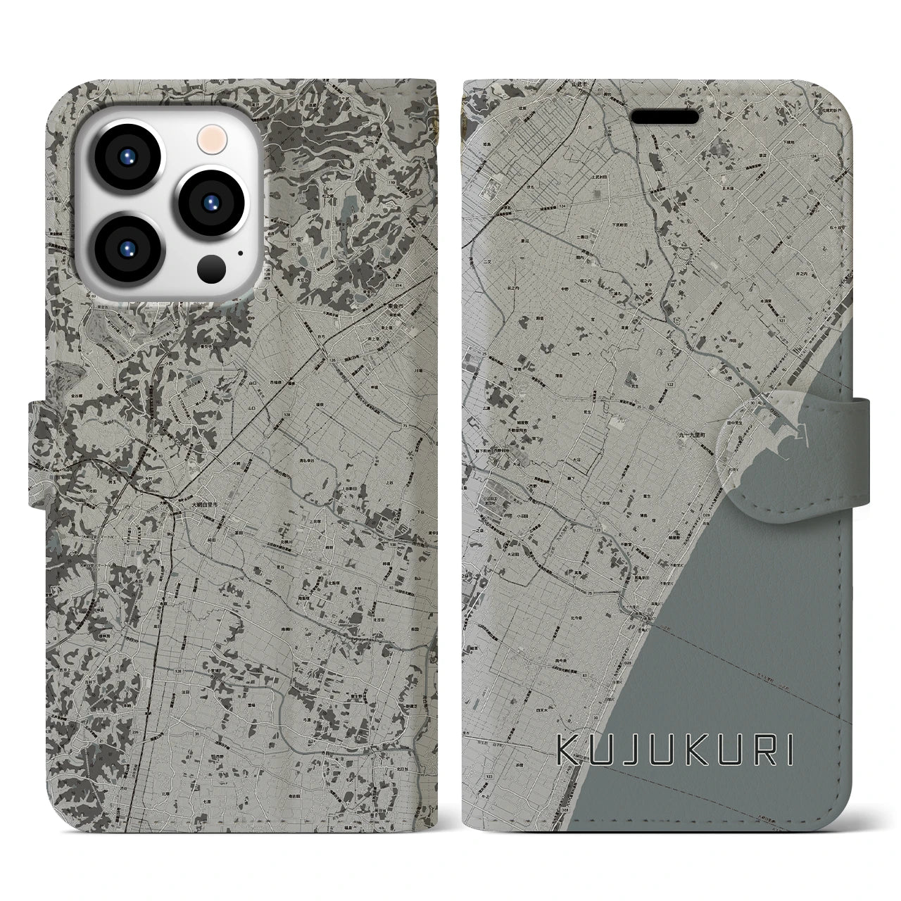 【九十九里(千葉県)】地図柄iPhoneケース(手帳タイプ)モノトーン・iPhone 13 Pro 用