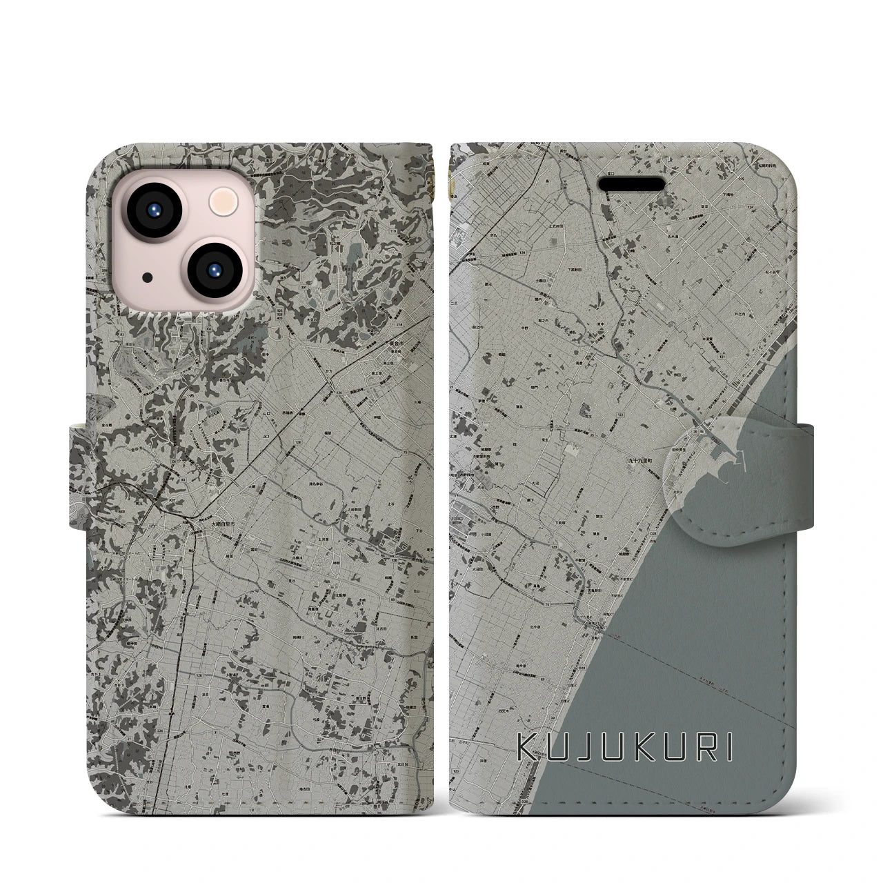 【九十九里(千葉県)】地図柄iPhoneケース(手帳タイプ)モノトーン・iPhone 13 mini 用