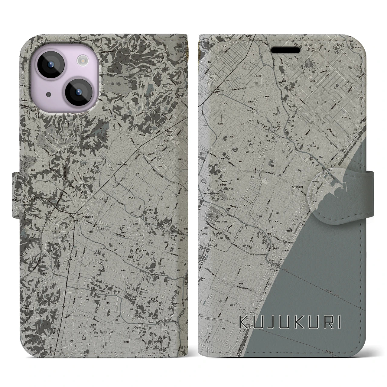 【九十九里(千葉県)】地図柄iPhoneケース(手帳タイプ)モノトーン・iPhone 14 用