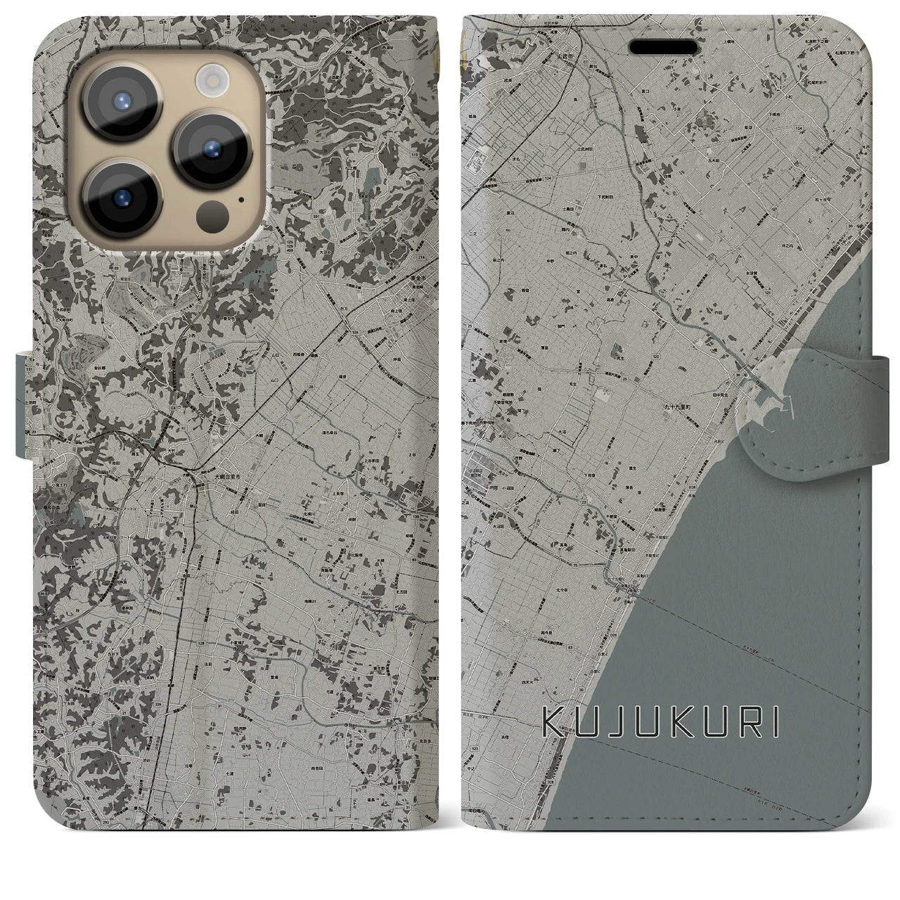 【九十九里(千葉県)】地図柄iPhoneケース(手帳タイプ)モノトーン・iPhone 14 Pro Max 用